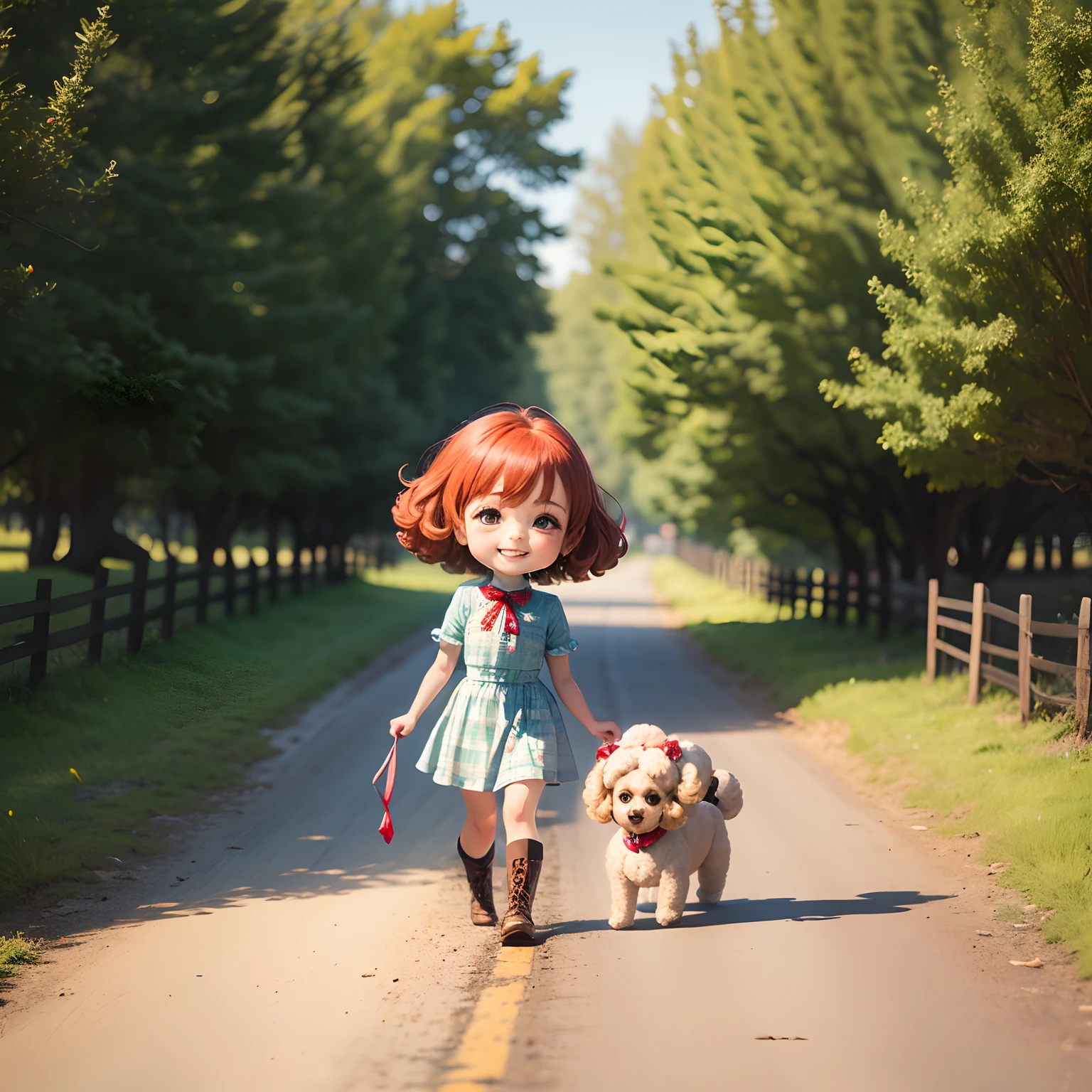 masterpiece、top-quality、ultra-detailliert、(Chibi Chara poodle:1.2),One chibi character with a white poodle face、Red and green check fabric dress、Red braided boots、poodle、Walking along the farm road、full body Esbian、A smile