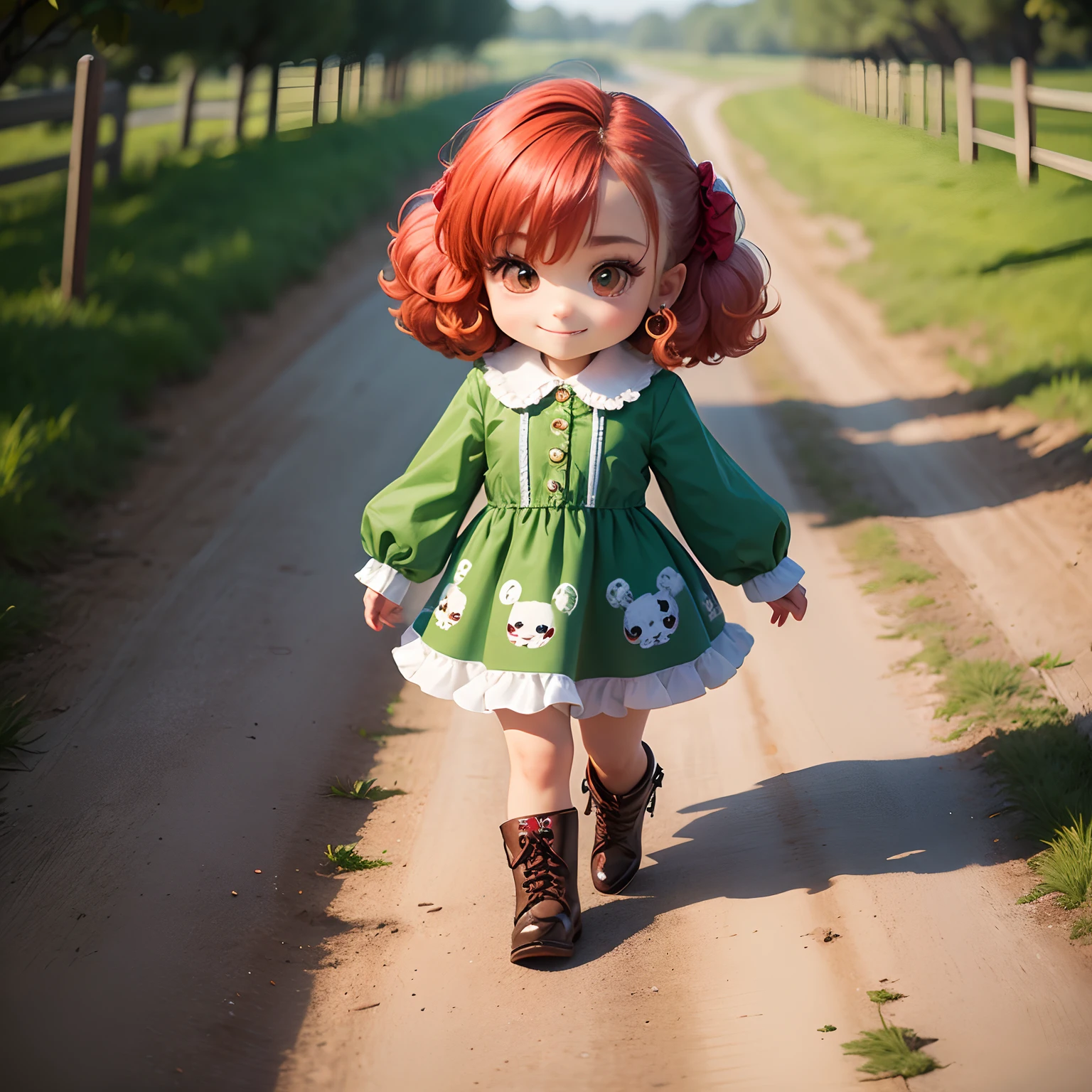 ​masterpiece、top-quality、ultra-detailliert、(Chibi Chara　poodle:1.2),One chibi character with a white poodle face、Red and green check fabric dress、Red braided boots、poodle、Walking along the farm road、full body Esbian、A smile