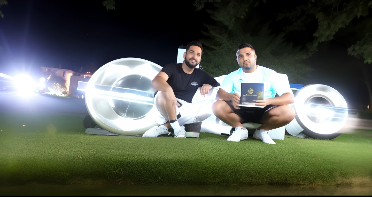 They're sitting on a bench with a big wheel behind them, ET em Arcadia Ego, # e 4 e 6 2 0, foto ao ar livre, Odeith, taken in the night, MC Escher e Ronny Khalil, photo taken at night, Petros e Leonid, Kilian Eng e Thomas Kinkade, in front of the house, Directed by: Alexis Grimou