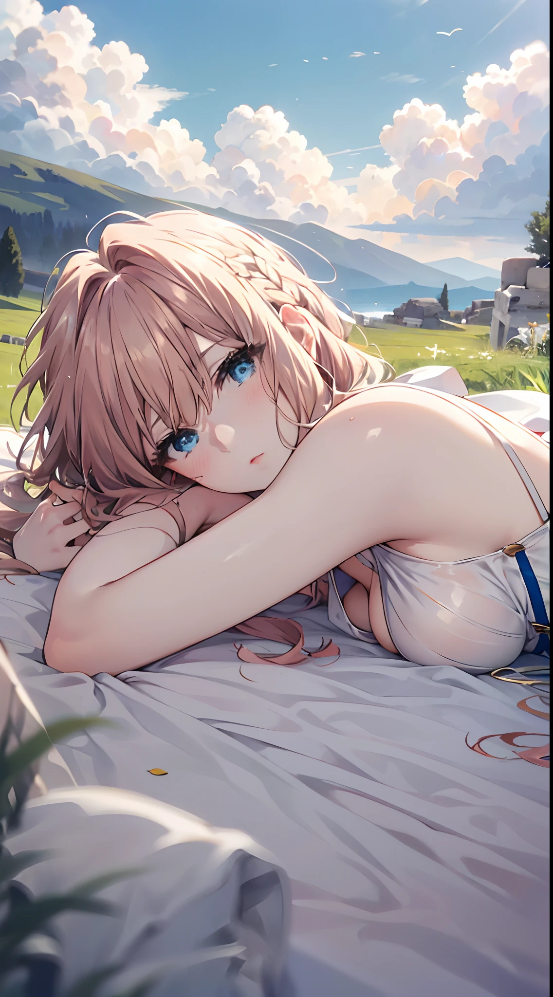 Violet, 1girll, Solo, view the viewer, Blue eyes, Blonde hair, (((greek clothes))),(((lying on a white cloud))),(((looking at the viewer))),(((blue sky)))(((larde breasts)))