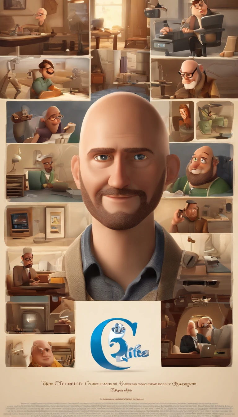 a poster of the Disney-style 3D film from Pixar with the text "RogerCortess" is a 40-year-old man, with a medium beard, more white than black, bald, somewhat strong, biker style, sitting at a computer, futuristic style, programming codes. Without glasses. Smiling and handsome, brown eyes and little brown hair