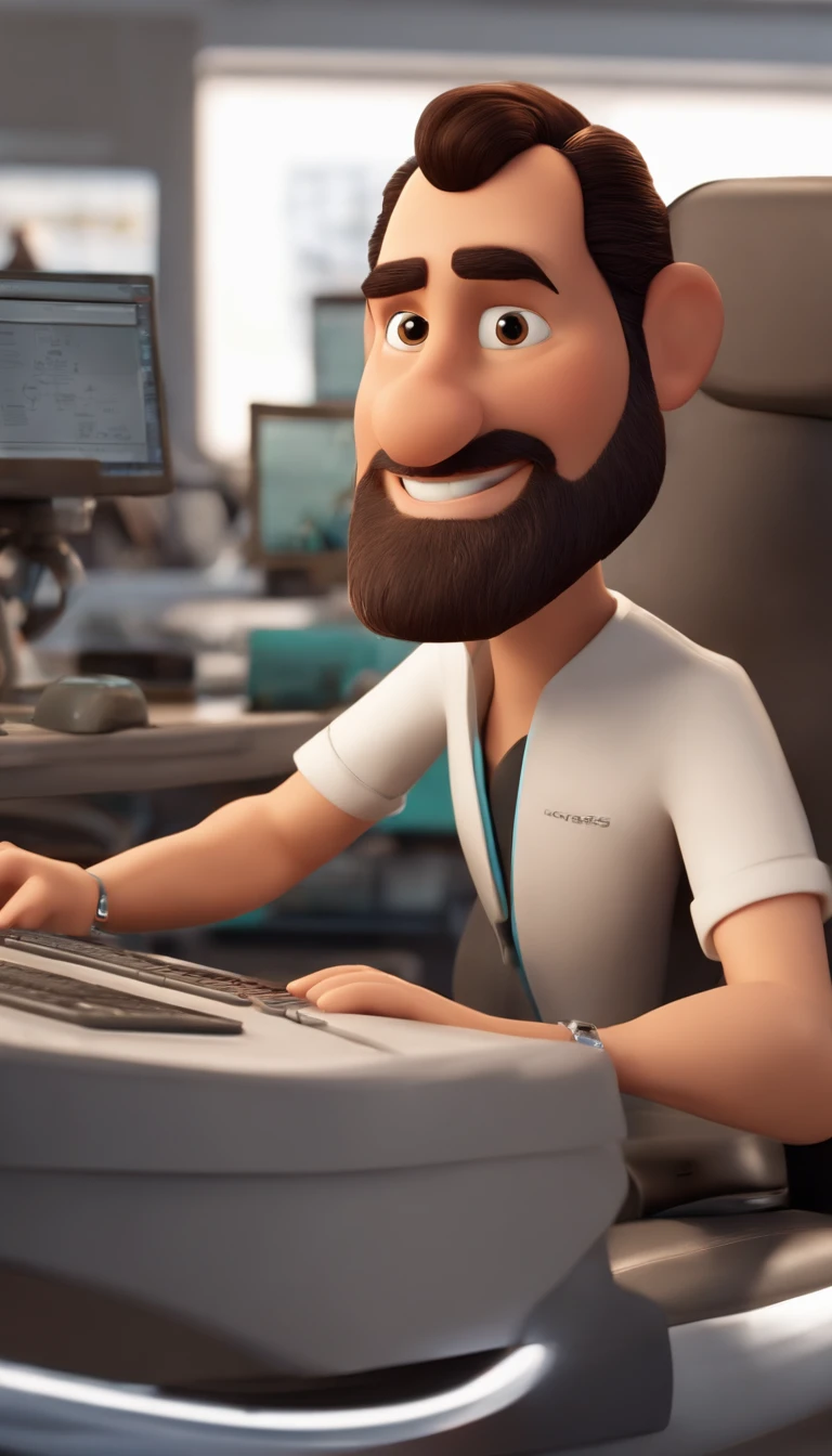 a poster of the Disney-style 3D film from Pixar with the text "RogerCortess" is a 40-year-old man, with a medium beard, more white than black, bald, somewhat strong, biker style, sitting at a computer, futuristic style, programming codes. Without glasses. Smiling and handsome, brown eyes and little brown hair