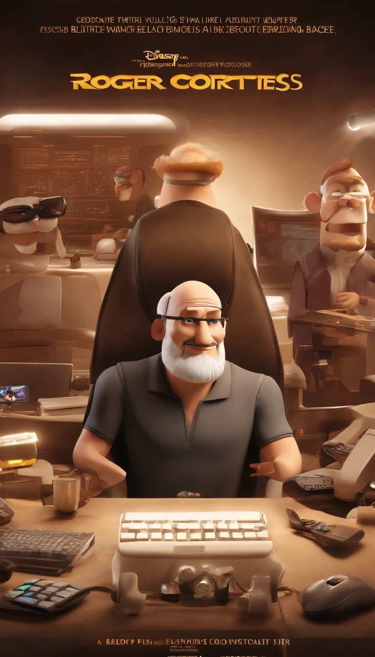 a poster of the Disney-style 3D film from Pixar with the text "RogerCortess" is a 40-year-old man, with a medium beard, more white than black, bald, somewhat strong, biker style, sitting at a computer, futuristic style, programming codes. Without glasses. Smiling and handsome, brown eyes and little brown hair