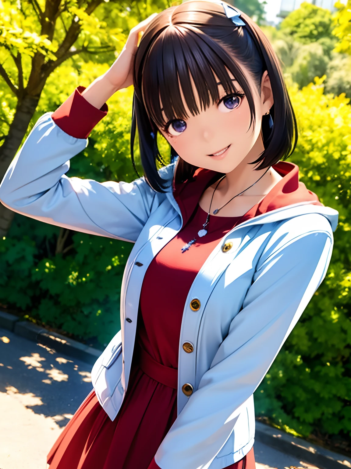 hight resolution,8K,Best Quality,detaileds,semi - realistic anime,Anime 3D Style,Smooth Anime CG,1 girl in,20 year old woman in Japan,slim,modeled,shiny chestnut hair,Medium Hair,Detailed face,Beautiful and detailed eyes,Glowing skin,(parka,layered clothes),earring beautiful,a necklace,autumnal,Colored leaves,Ginkgo tree,Red and yellow landscape, (v sign),Hard Focus、film grains,Soft lighting,the wind,looking at the viewers,Smile with open mouth,Angle from the side