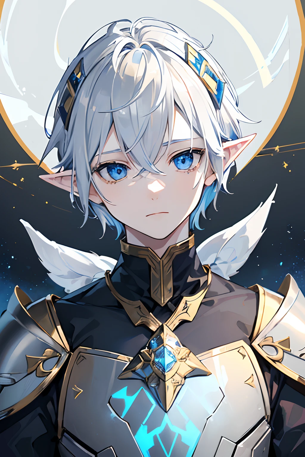 1 BOY, (((Albinism)))), Silver Eyes, ((Light Technological Armor of Metallic color with Highlights in blue and gold color)), Imperial, Hood on the Neck, Dark Blue Energy, having mostly the White Color ((Elf Ears)) ((Short Hair))