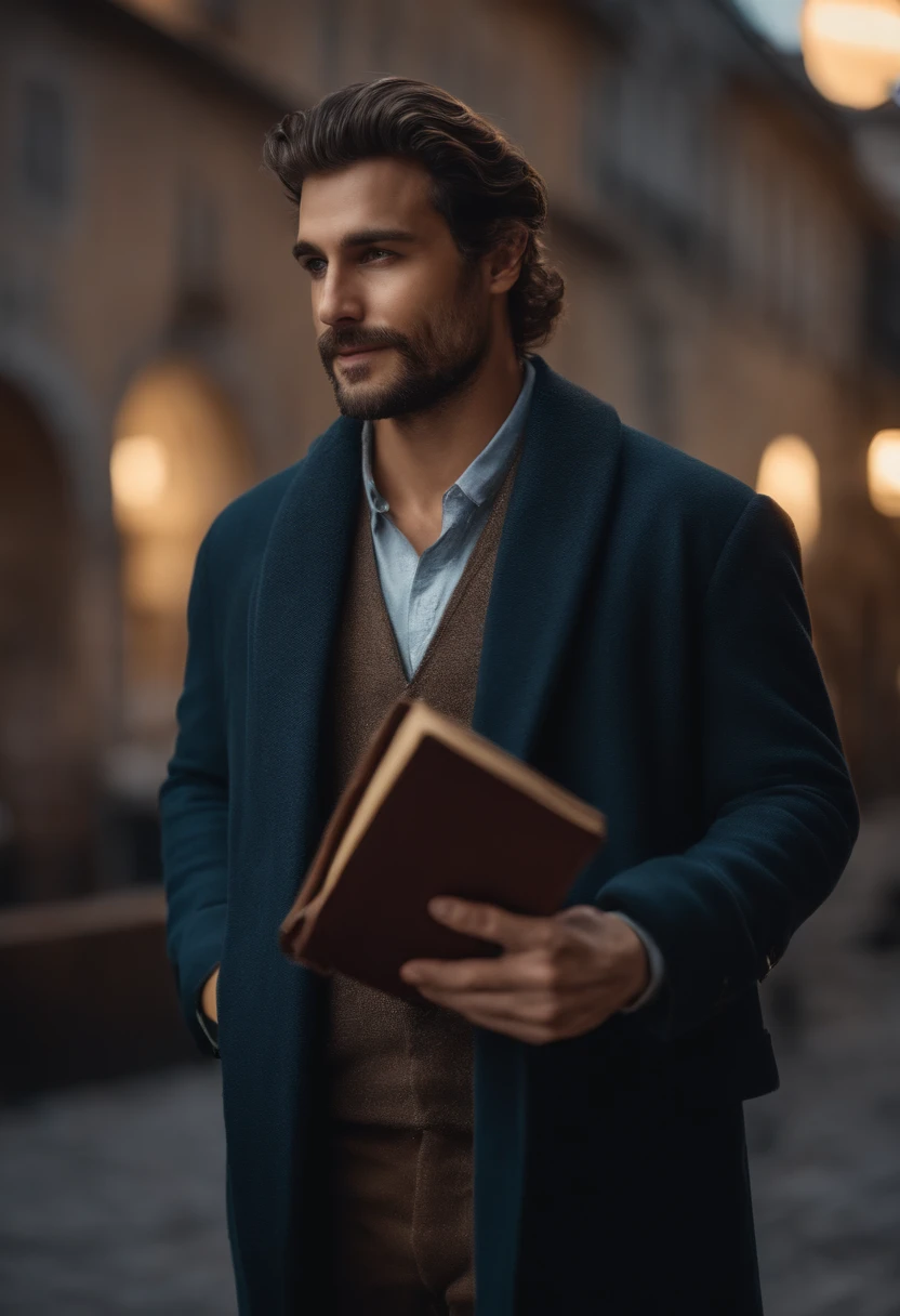 "Um homem com um sorriso curioso lendo um cartaz, ele tem cabelo preto muito curto. He holds a book and faces the camera. He's wearing winter clothes. (best quality, 4k, Altas, master part:1.2), Aquarela, Art Season Trend, foco nítido, studio photography, detalhes complexos, Extremely detailed description of Greg Rutkowski" 8k reais
