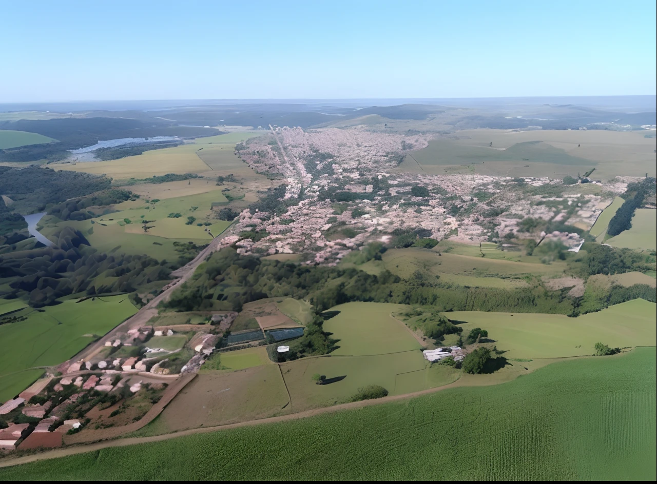 Aerial view of a small town in a green field, pequena cidade ao redor, aerial footage, Aerial view of an ancient land, em primeiro plano uma pequena cidade, High aerial shot, wide aerial shot, Directed by: Willian Murai, aerial view of a city, Helicopter images over the city, tiro de arial, perspective shot from the sky, aerial shot from the drone, cidade pequena bonita