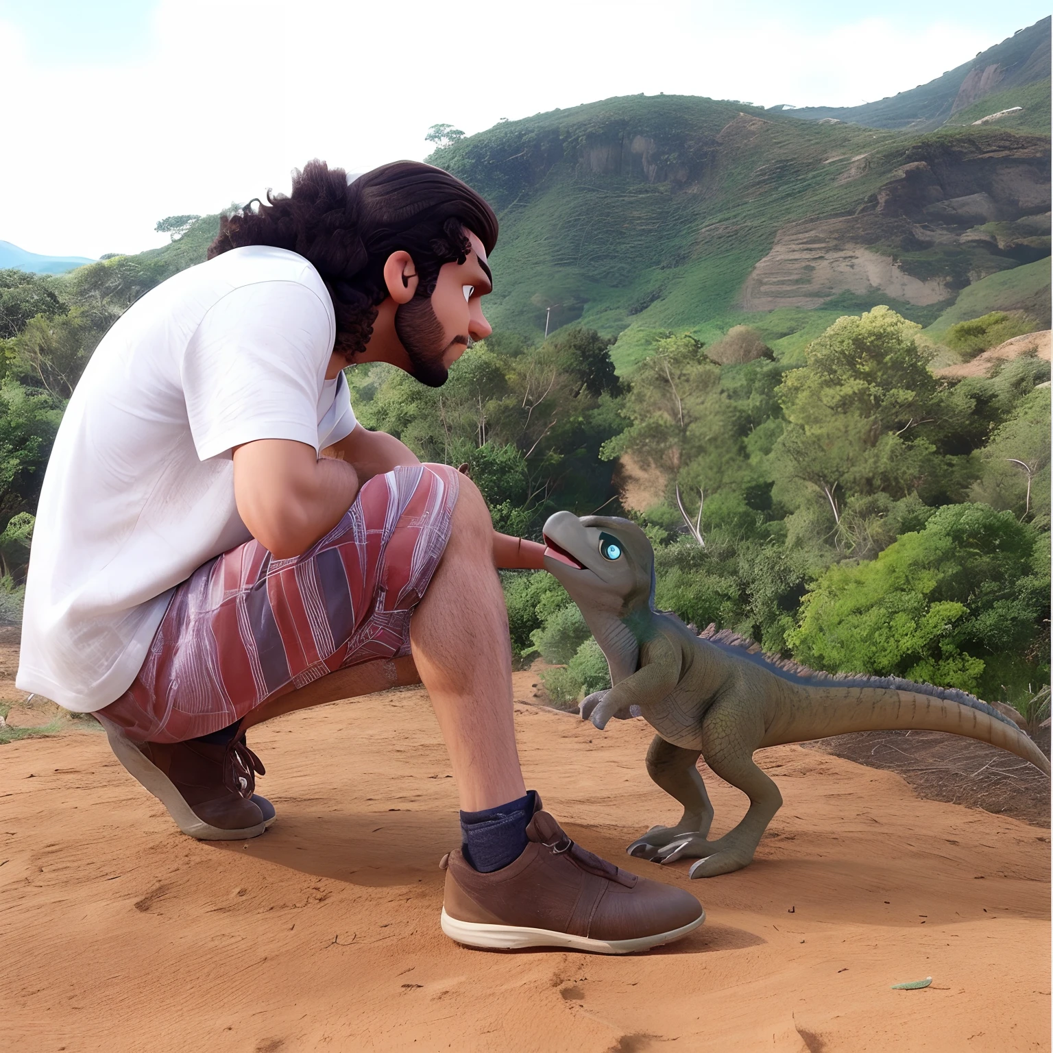 Homem tocando no filhote de velociraptor no estilo Disney pixar melhor qualidade