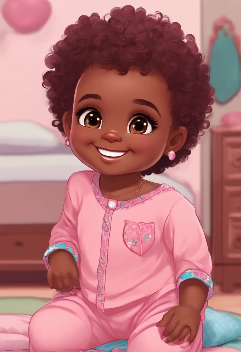 Cute brown skin smiling chibi anime, pijama roxo e rosa, em seu quarto com brinquedos espalhados,cabelos escuros cacheados, em um quadro, corpo inteiro