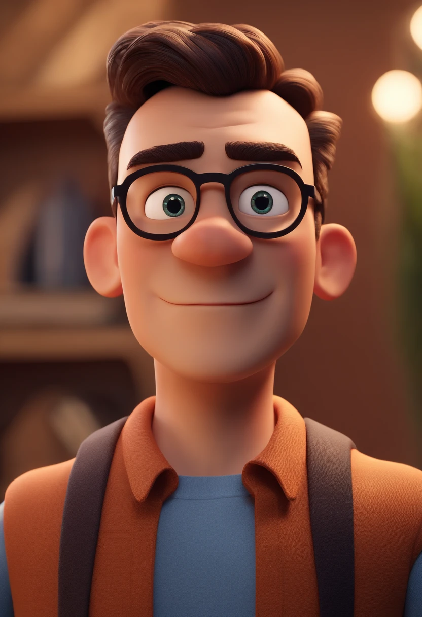 Cartoon character of a man with glasses and a blue shirt, animation character, Caractere estilizado, animation style rendering, 3D estilizado, Arnold Maya render, 3 d render stylized, toon render keyshot, Personagem 3D, Personagem 3D, 3d rendering stylized, 3 d character render, personagem de desenho animado, Personagem de close up, Pose de personagem,  (Estilo Pixar) (master part:1.2) (Bokeh) (best quality) (pele detalhada) (textura detalhada) (8k) (argila) (Cinematic lighting) (foco nítido
