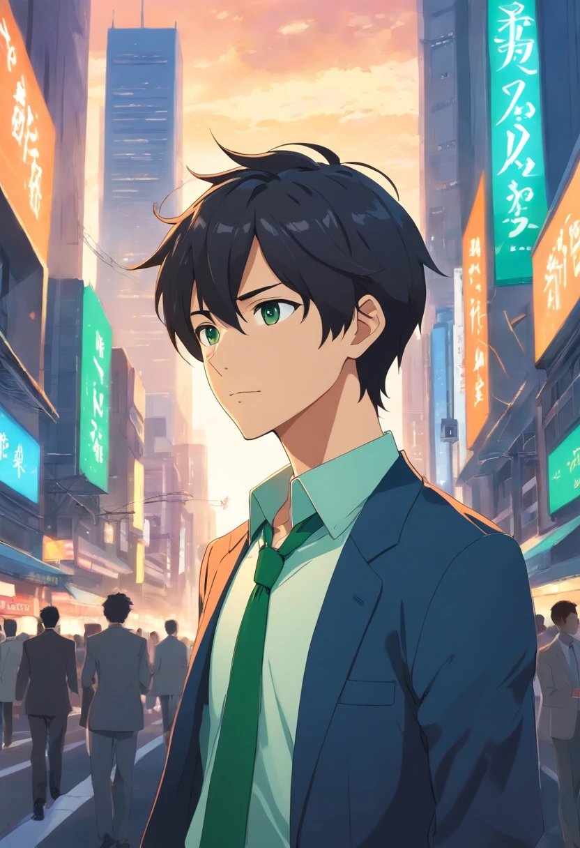 Homem estoico de 25 anos com cabelo preto curto, olhos verdes, barba curta, Dreesed as a businessman of the time, Seeking Life's Purpose