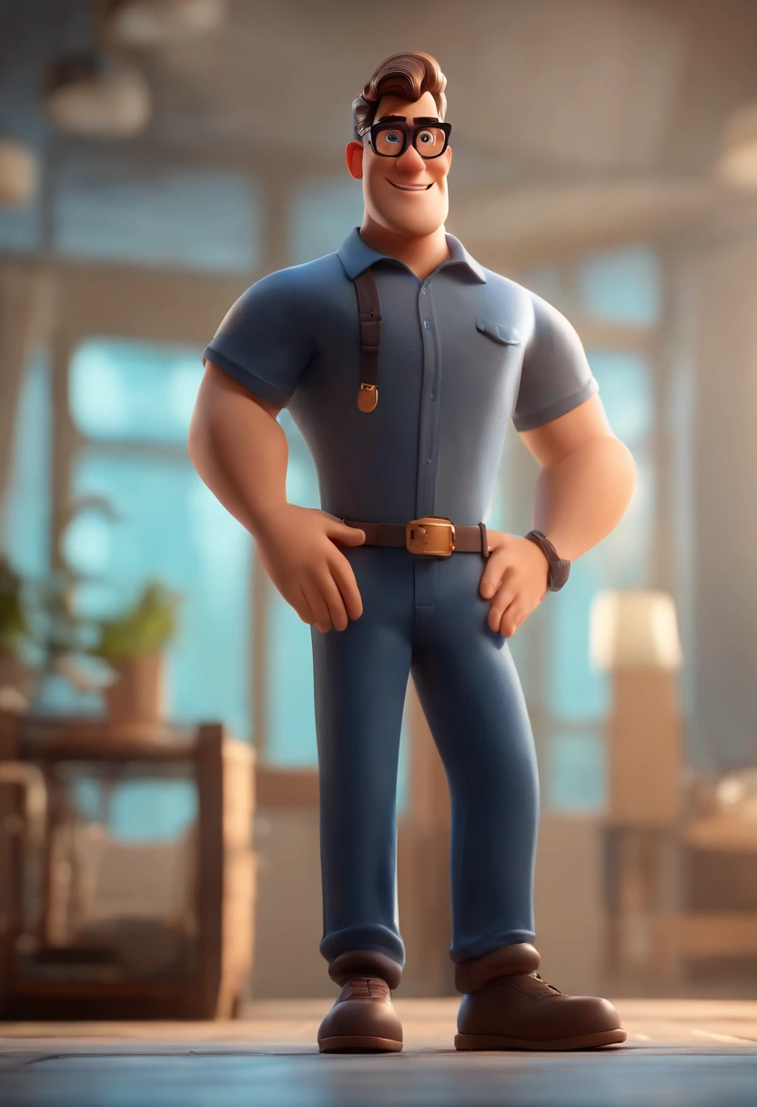 Cartoon character of a man wearing black glasses and a blue shirt, um personagem animado, Caractere estilizado, animation style rendering, 3D estilizado, Arnold Maya render, 3 d render stylized, toon render keyshot, Personagem 3D, Personagem 3D, 3d rendering stylized, 3 d character render, personagem de desenho animado, Personagem de close up, Pose de personagem, (Estilo Pixar) (master part:1.2) (Bokeh) (best quality) (pele detalhada) (textura detalhada) (8k) (argila) (Cinematic lighting) (foco nítido,Senta e vaza a parte superior do corpo