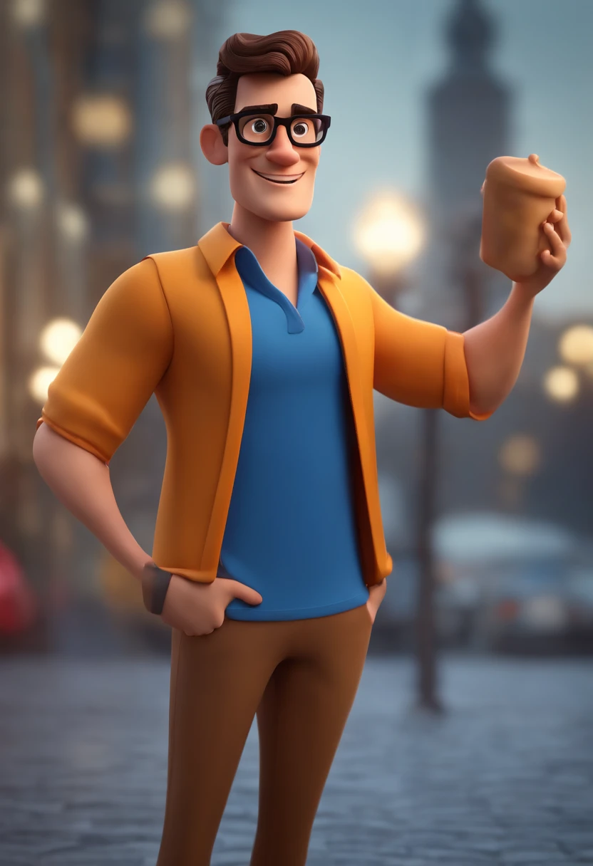 Cartoon character of a man wearing black glasses and a blue shirt, um personagem animado, Caractere estilizado, animation style rendering, 3D estilizado, Arnold Maya render, 3 d render stylized, toon render keyshot, Personagem 3D, Personagem 3D, 3d rendering stylized, 3 d character render, personagem de desenho animado, Personagem de close up, Pose de personagem, (Estilo Pixar) (master part:1.2) (Bokeh) (best quality) (pele detalhada) (textura detalhada) (8k) (argila) (Cinematic lighting) (foco nítido,Senta e vaza a parte superior do corpo