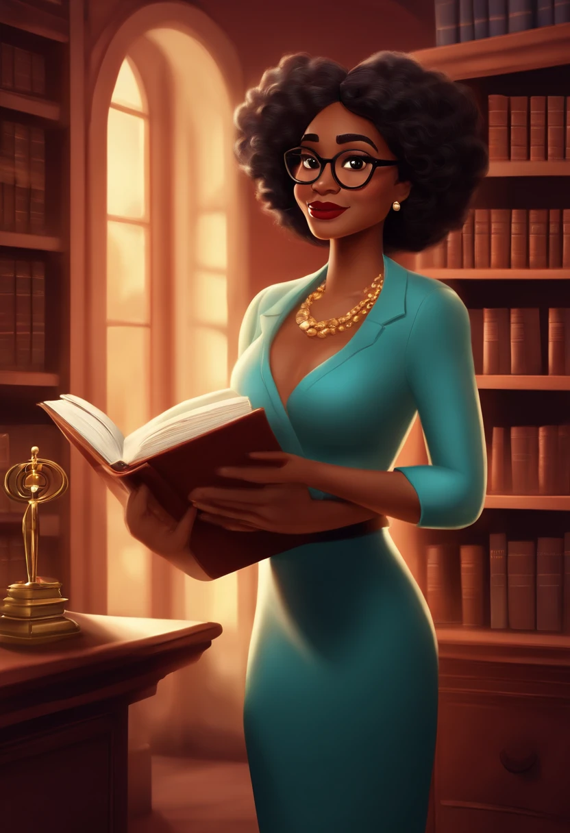 Pixar style image with 3D character, a light-skinned black woman with glasses and a dress outfit, she is a lawyer and is well dressed in the background, a law office with bookshelf and books with depth, bem bonito faca os ajustes que julgar necessario para melhor estetica ela tem cabelo liso medio soltos castanhos mulher empoderada, Anos Imane, andrea rocha, inspired by Antonín Chittussi, Magalie Villeneuve, imagem profissional, simone graci, imagem profissional, imagem de perfil, imagem de alta qualidade, Alanis Guillen, inspirado em Araceli Gilbert Maquiagem Disney,Pescador, bonitinho, sorridente ,Close-up, Pixar, Disney, Cinema lighting,