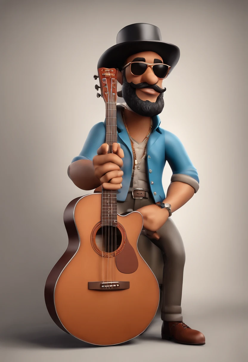 Personagem de desenho animado Disney ,3d,Estilo capa filme pixar, homem 30 anos, cabelo preso , black hat, barba, 3d pixar, sunglasses, tocando guitarra estilo fender, com quadros do Queen e pink Floyd ao fundo, with title "Jackson Rodrigues"