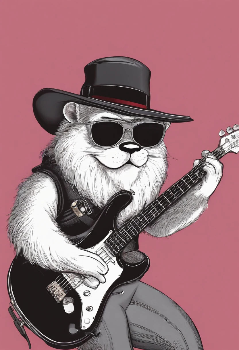 Personagem de desenho animado Disney ,3d,Estilo capa filme pixar, homem 30 anos, cabelo preso , black hat, barba, 3d pixar, sunglasses, tocando guitarra estilo fender, com quadros do Queen e pink Floyd ao fundo, with title "Jackson Rodrigues"