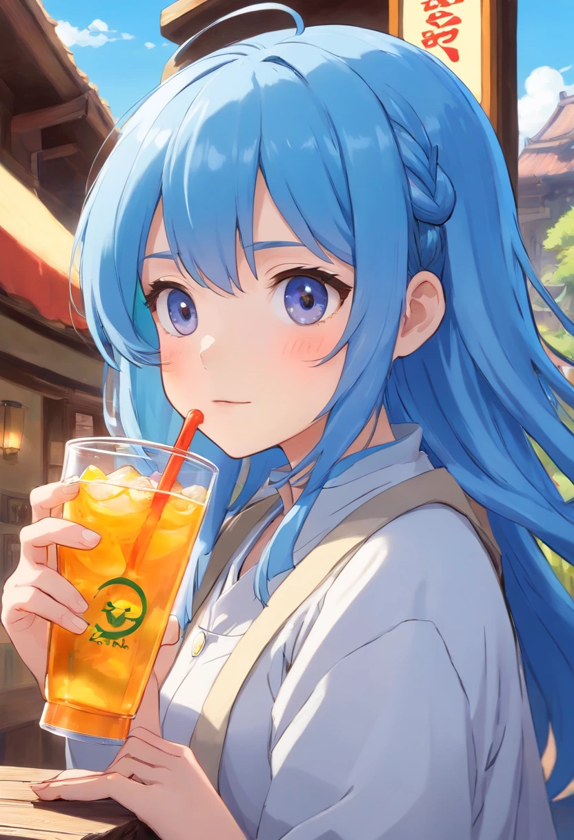 animemanga girl,Blue hair and blue hat drink drinks, anime visual of a cute girl, Detailed digital anime art, anime girls drink Energy drink, beautiful anime art style, Anime art wallpaper 4 K, Anime art wallpaper 4k, cute anime girl portraits, High Quality Anime Art Style, from girls frontline, lovely art style, style of anime4 K