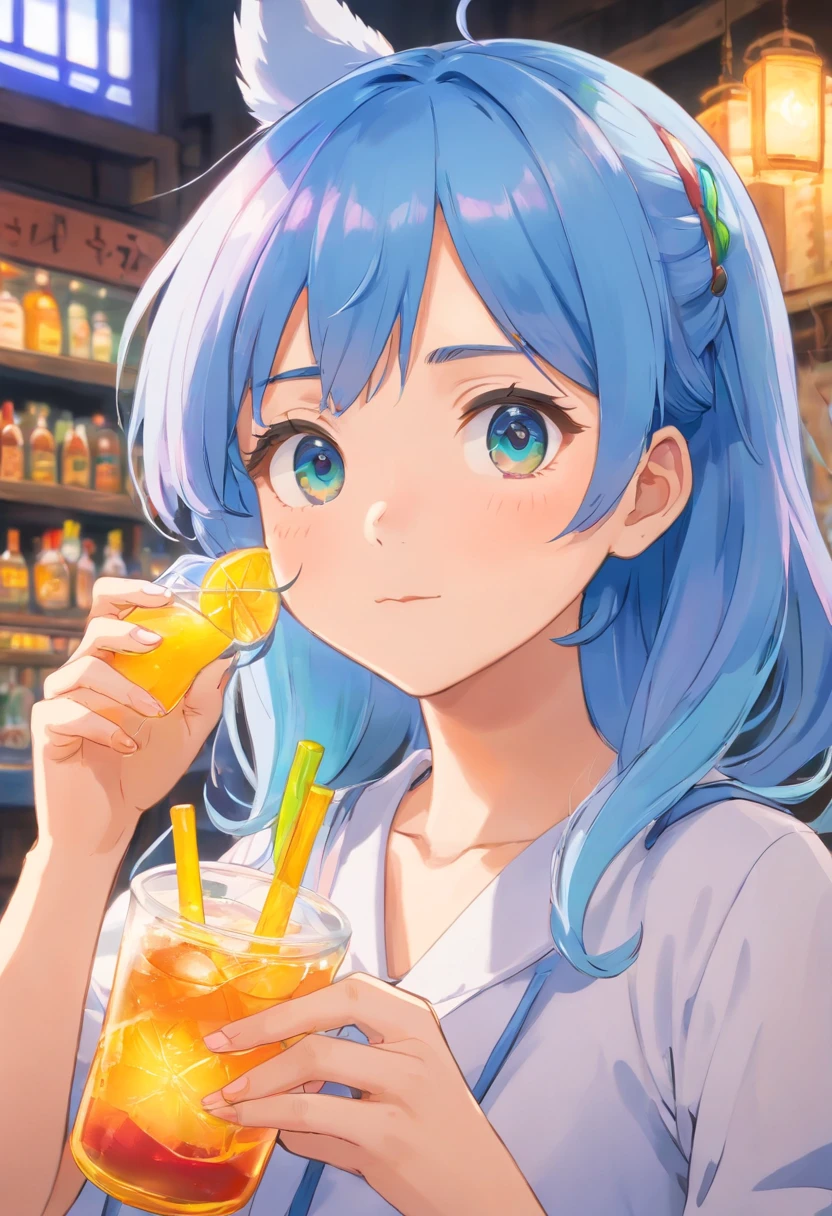 animemanga girl，Blue hair and blue hat drink drinks, anime visual of a cute girl, Detailed digital anime art, anime girls drink Energy drink, beautiful anime art style, Anime art wallpaper 4 K, Anime art wallpaper 4k, cute anime girl portraits, High Quality Anime Art Style, from girls frontline, lovely art style, style of anime4 K