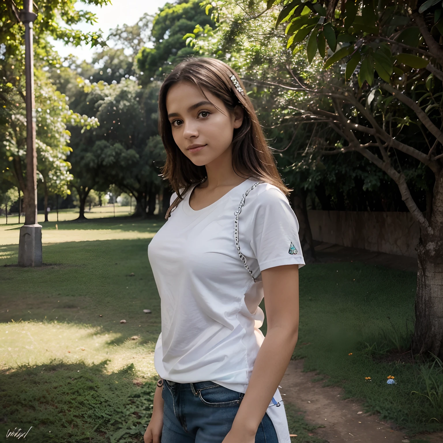 Foto de uma jovem realista em frente a um parque, (foco nítido:1.2), expressando serenidade, (rosto bonito:1.1), olhos detalhados, (sorriso:0.7), (wearing summer clothes:1.2), absorvendo a beleza da natureza. Fundo com profundidade de campo. Qualidade de imagem em 4K, HDR. Por (artista de sua escolha:1.1)