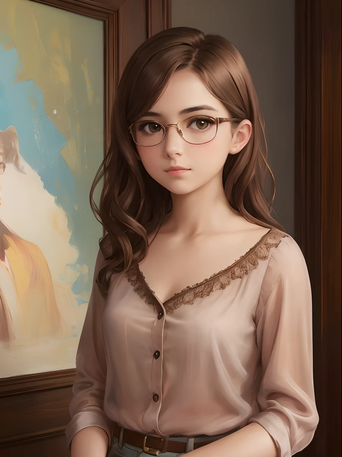 a 1girl, a beautiful -agedl, extremely small breasts, short wavy brown hair, brown eye, eyeglasses, portraite of a, oil painted, contemporary, sheer silk blouse with unbuttoned top button, Realistic Proportion, Intricate, intricate detials, sharp-focus