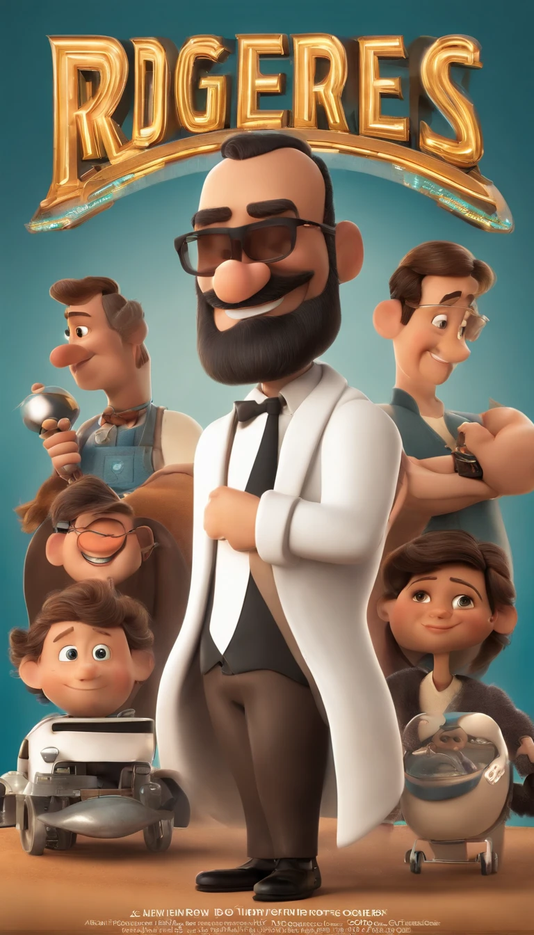 a poster of the Disney-style 3D film from Pixar with the text "RogerCortess" is a 40-year-old man, with a medium beard, more white than black, bald, somewhat strong, biker style, he is standing, watching a rock concert roll, futuristic style, programming codes. Without glasses. Smiling and handsome, brown eyes and little brown hair