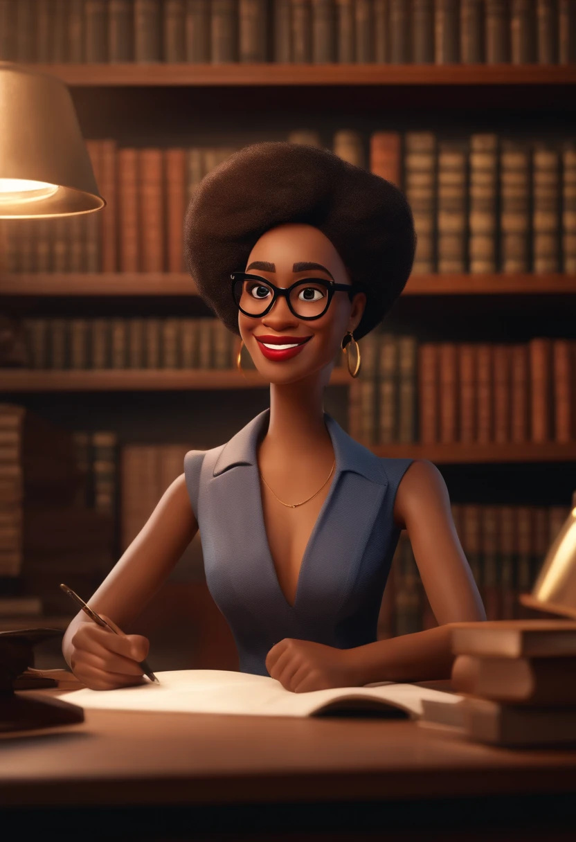 Pixar style image with 3D character, a light-skinned black woman with glasses and a dress outfit, she is a lawyer and is well dressed in the background, a law office with bookshelf and books with depth, bem bonito faca os ajustes que julgar necessario para melhor estetica ela tem cabelo liso  castanhos mulher empoderada, Anos Imane, andrea rocha, inspired by Antonín Chittussi, Magalie Villeneuve, imagem profissional, simone graci, imagem profissional, imagem de perfil, imagem de alta qualidade, Alanis Guillen, inspirado em Araceli Gilbert Maquiagem Disney,Pescador, bonitinho, sorridente ,Close-up, Pixar, Disney, Cinema lighting,