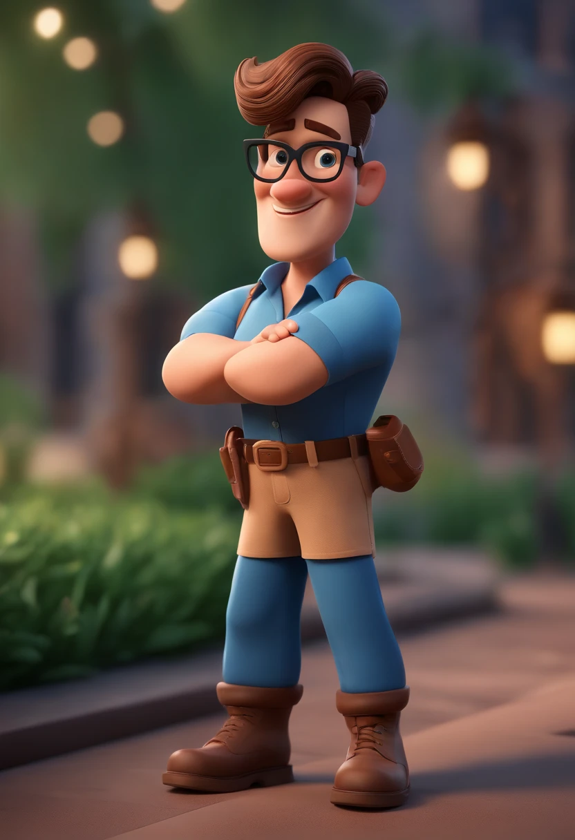 Cartoon character of a man wearing black glasses and a blue shirt, um personagem animado, Caractere estilizado, animation style rendering, 3D estilizado, Arnold Maya render, 3 d render stylized, toon render keyshot, Personagem 3D, Personagem 3D, 3d rendering stylized, 3 d character render, personagem de desenho animado, Personagem de close up, Pose de personagem, (Estilo Pixar) (master part:1.2) (Bokeh) (best quality) (pele detalhada) (textura detalhada) (8k) (argila) (Cinematic lighting) (foco nítido,Senta e vaza a parte superior do corpo