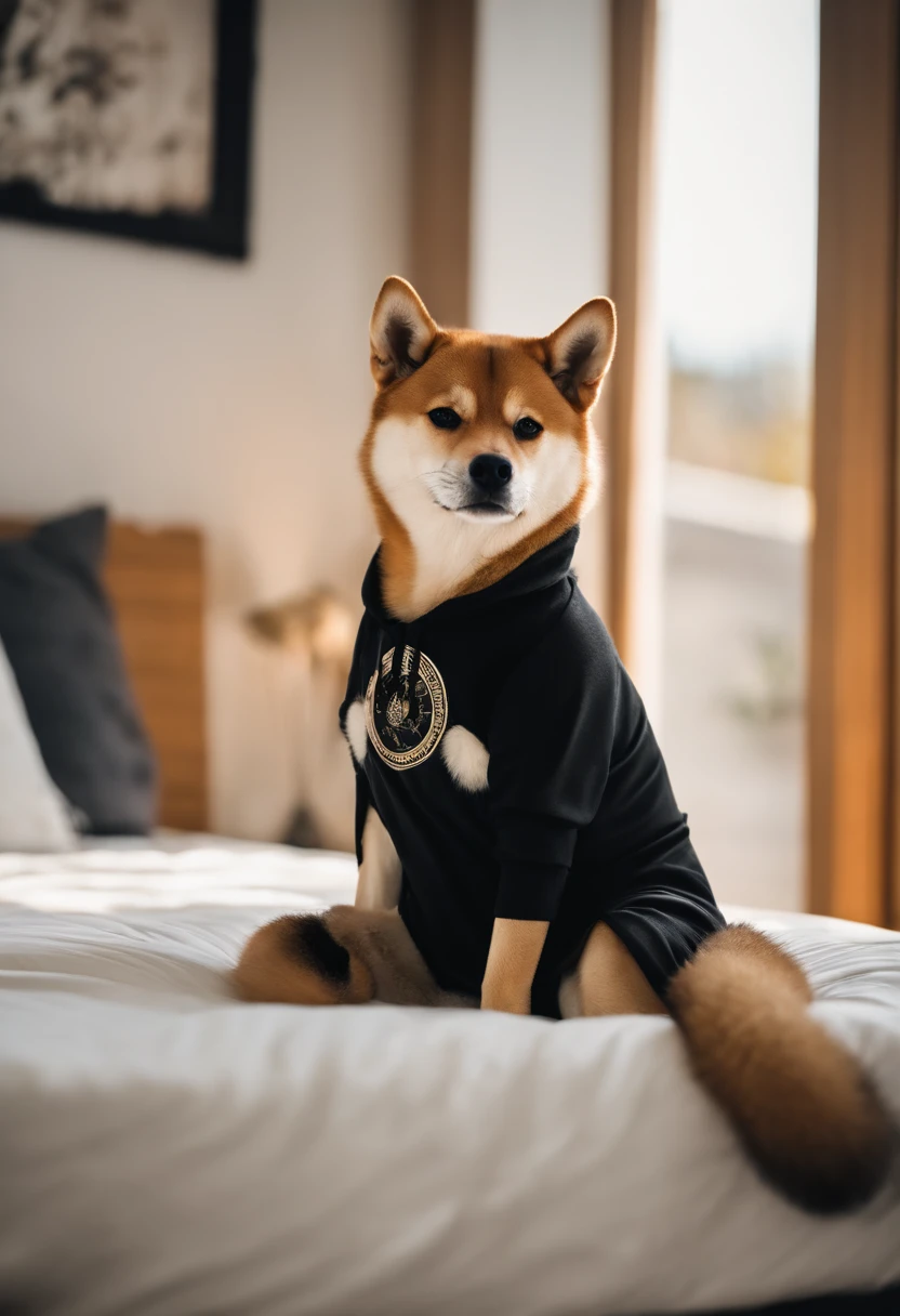 shiba inu, fur, black hoodie, domestic dog, boobs, tits showing, siting on bed (legs hanging off the bed), legs spread open, blep, smug face, smug look on face, smug face, pussy showing, pussy dripping,