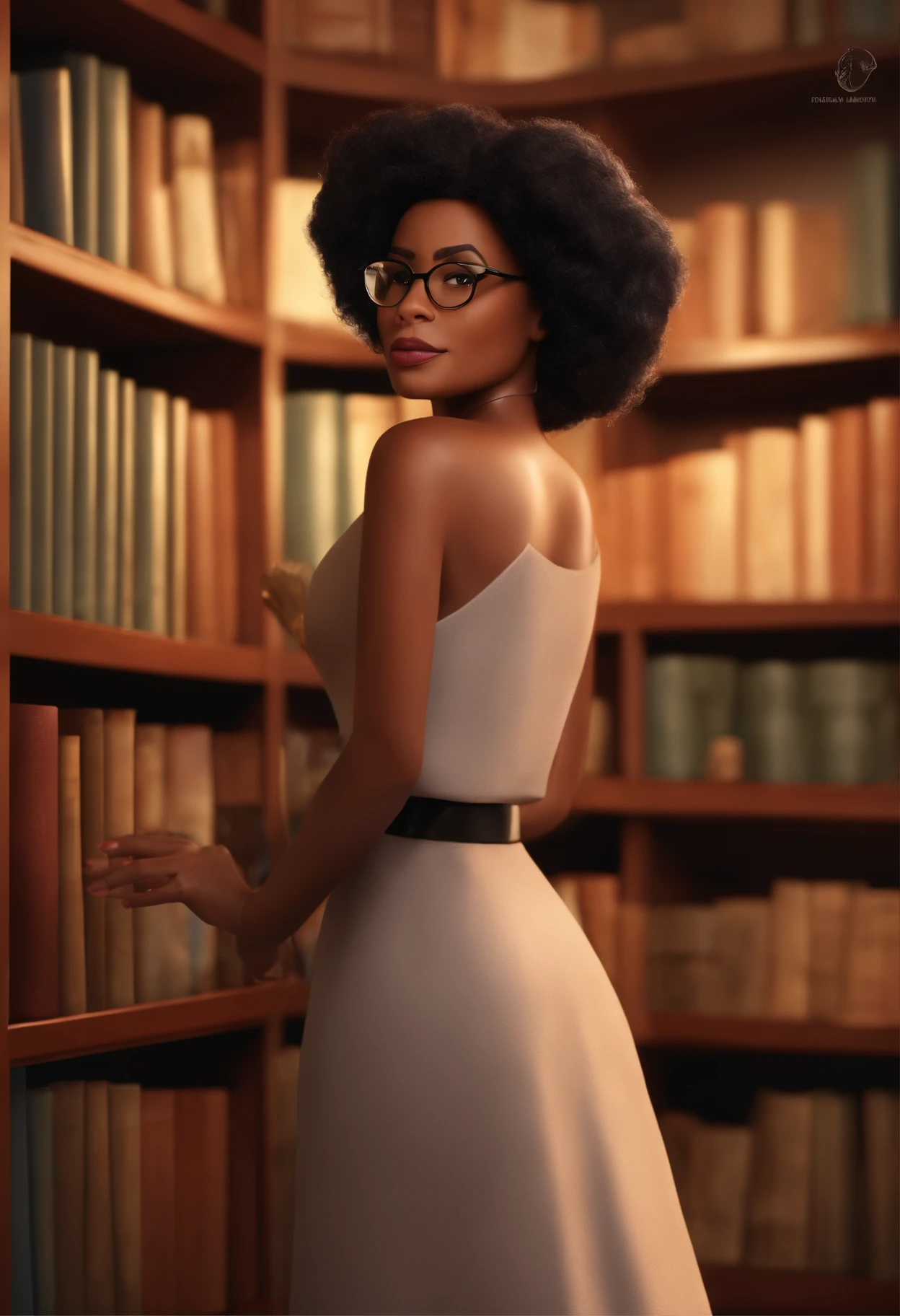 Pixar style image with 3D character, a light-skinned black woman with glasses and a dress outfit, she is a lawyer and is well dressed in the background, a law office with bookshelf and books with depth, bem bonito faca os ajustes que julgar necessario para melhor estetica ela tem cabelo cacheado medio volume cachos soltos castanhos mulher empoderada, Anos Imane, andrea rocha, inspired by Antonín Chittussi, Magalie Villeneuve, imagem profissional, simone graci, imagem profissional, imagem de perfil, imagem de alta qualidade, Alanis Guillen, inspirado em Araceli Gilbert Maquiagem Disney,Pescador, bonitinho, sorridente ,Close-up, Pixar, Disney, Cinema lighting,
