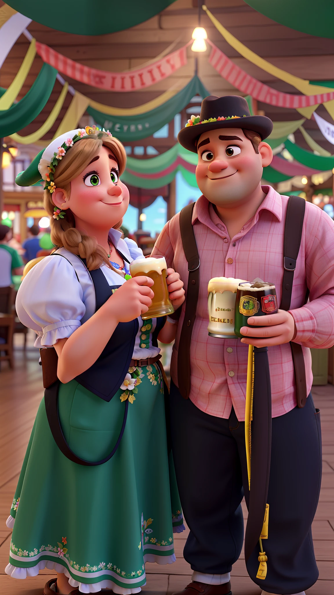 A couple in typical German costumes holding mug of draft beer, she wearing a flower tiara, he chubby with a small green hat in disney pixar style, alta qualidade, melhor qualidade