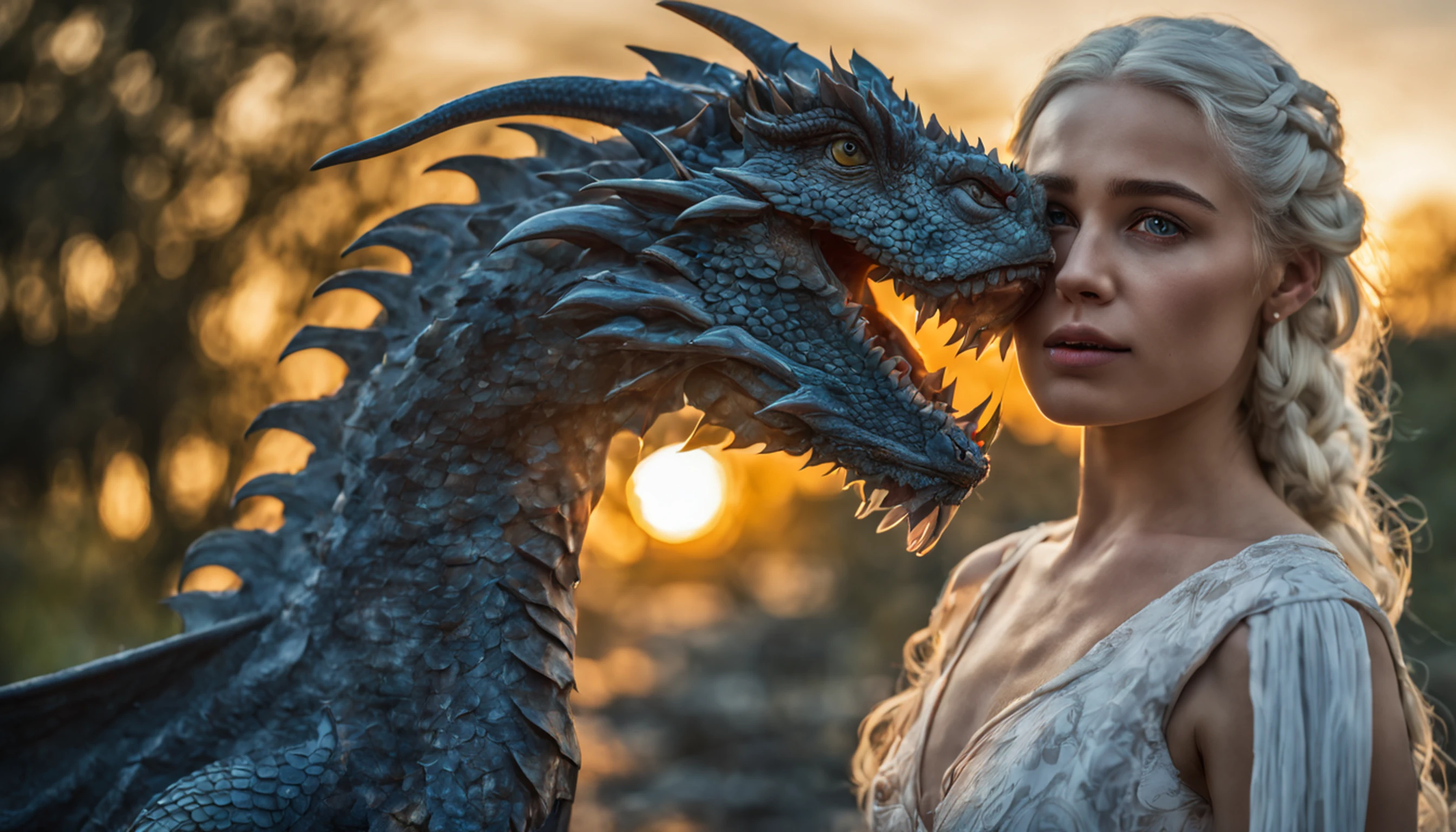 foto hiper real de [daenerys targaryen| Emilia Clarke] with pet (dragon:1.1), sentada no Trono de Ferro feito de espadas, linda, sexy, 1girl with dragon, loira, close-up, close-up extremo, Realistic proportions, pupilas realistas, Fire Dragon Stepping, paleta limitada, highres, absurdres, cinematiclighting, 8k resolution, frontal iluminado, HDR, nascer do sol, foto RAW, Nikon 85mm, premiado, Glamour Photograph, extremamente detalhado, belo ucraniano, alucinante, Noth-Yidik, (topo azul: 0.6),