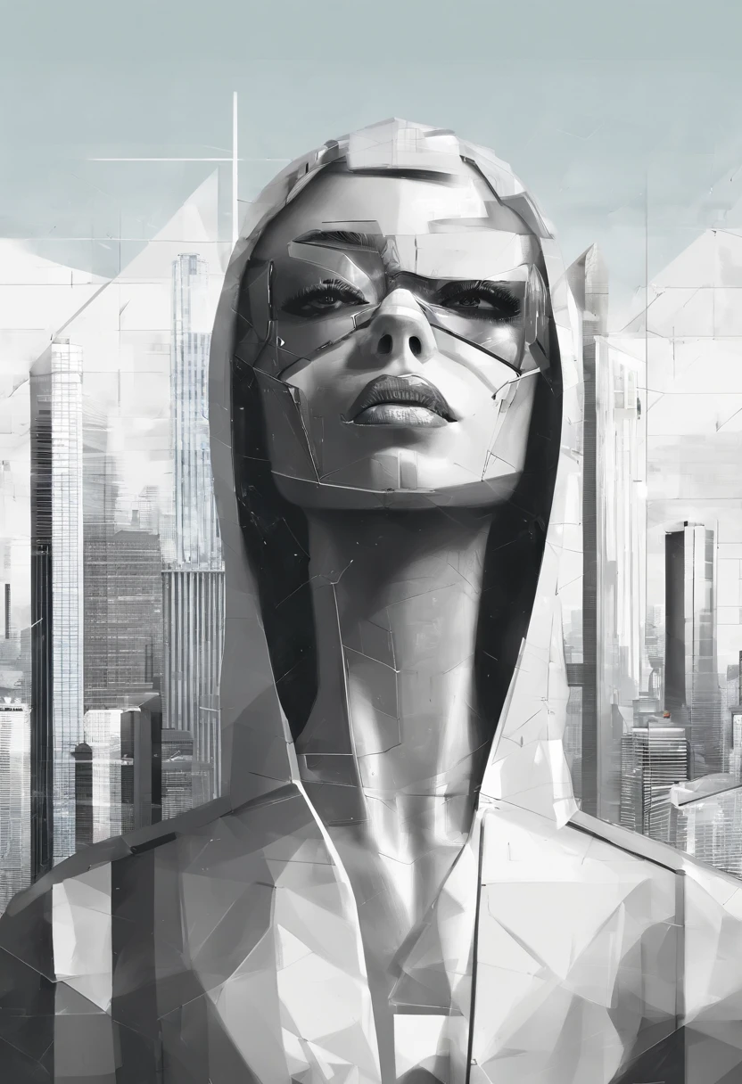 Depict face emerging from the shadows, perfect shading, magazine cover, poster art, robot girl, hint of vibrant