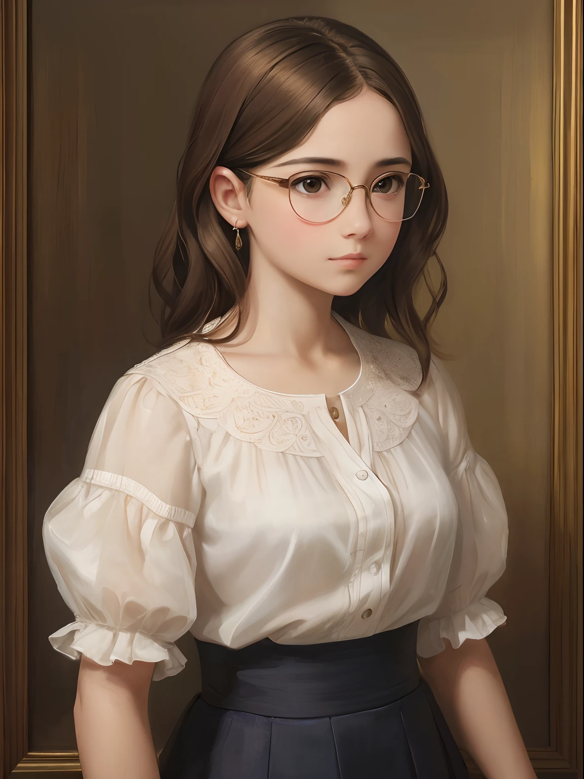 a 1girl, a beautiful -agedl, extremely small breasts, short wavy brown hair, brown eye, eyeglasses, portraite, oil painted, contemporary, extra transparent silk blouse, Realistic Proportion, Intricate, intricate detials, Sharp focus