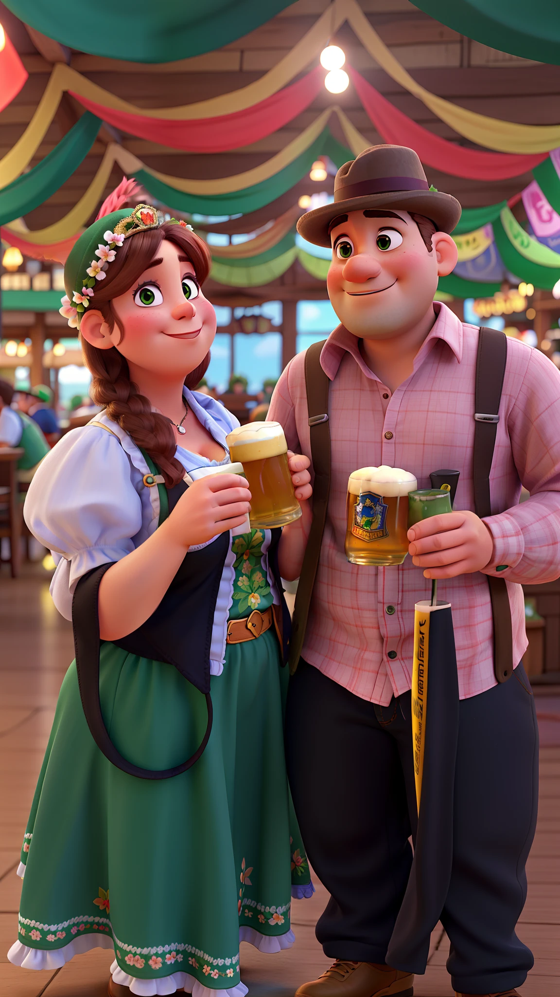 A couple in typical German costumes holding mug of draft beer, she wearing a flower tiara, he chubby with a small green hat in disney pixar style, alta qualidade, melhor qualidade