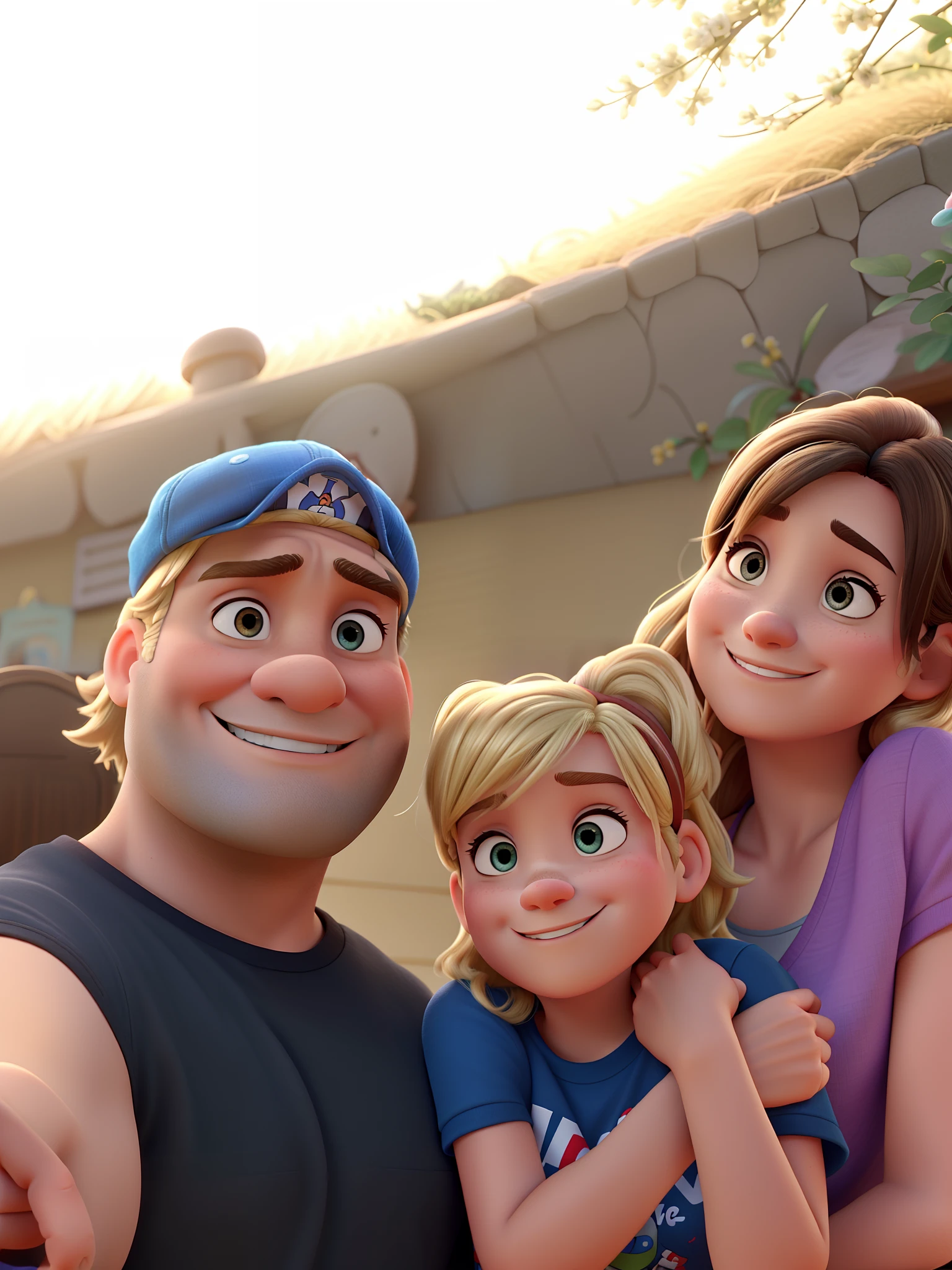 uma familia disney pixar, Father with cap, Mother with dark hair and daughter with blonde hair, alta qualidade, melhor qualidade