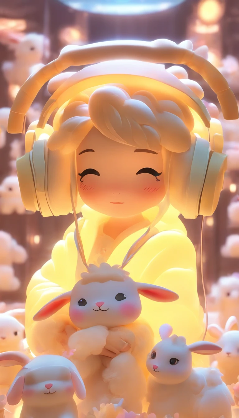 Super COZY cute IP image of Chinese sheep, Wearing headphones,Wearing cozy light yellow transparent silicone clothes, with a fluffy bunny Stylish and stylish,Q version,Disney style,IP by pop mart, a blind box toy, Smooth and delicate, 3D rendering of, oc rendered, glowing body, Soft light, Clean background, NO borders, 8K,  k hd, ultra-noise-cancelling, Highest quality, Ultra high quality - AR 9:16 50 --niji 5 --s 2