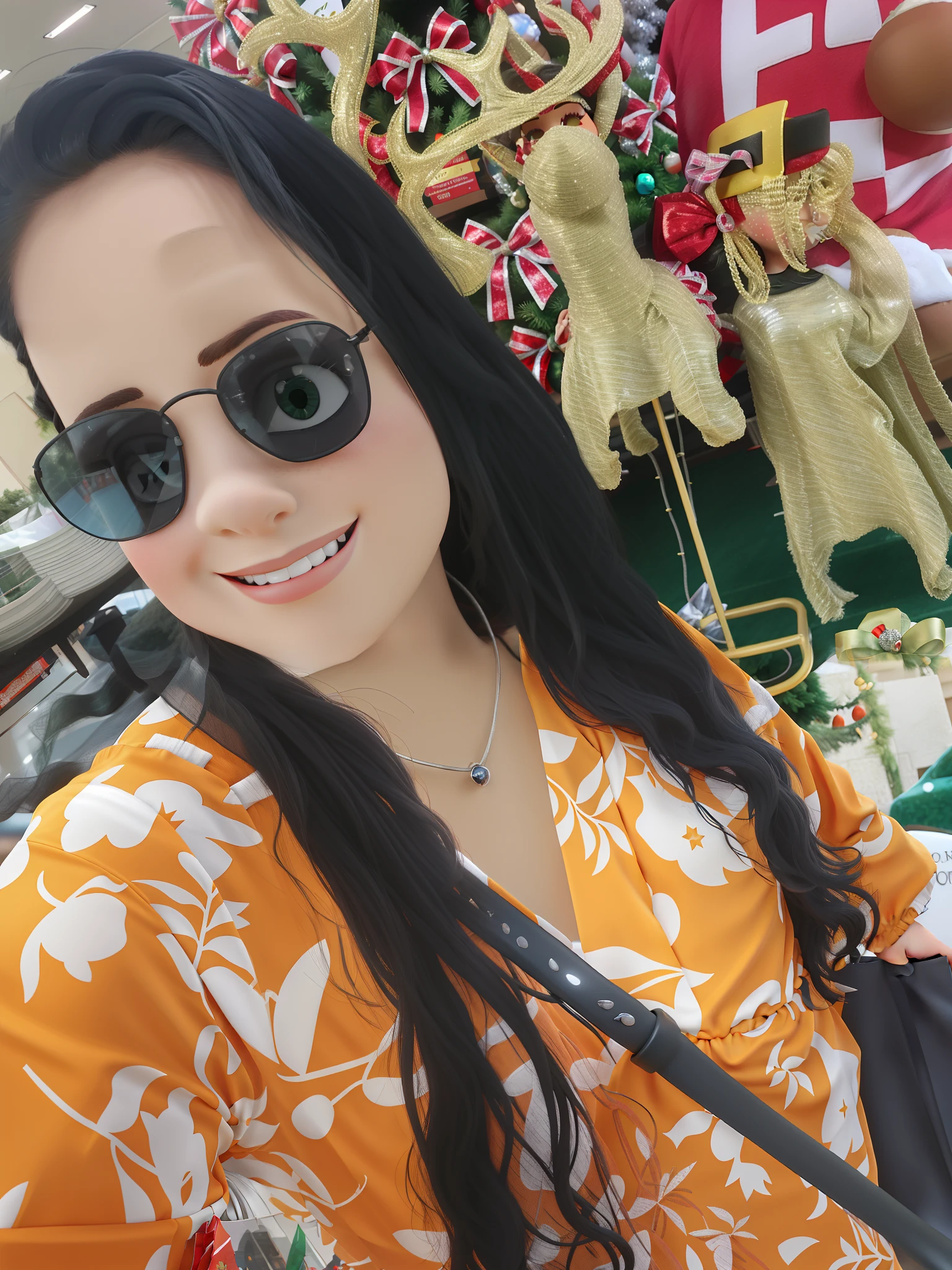 Mulher branca, cabelo preto, Silver Cord with Transparent Stone ,vestido cor de laranja, com uma bolsa preta de lado,With shopping mall background decorated with christmas tree