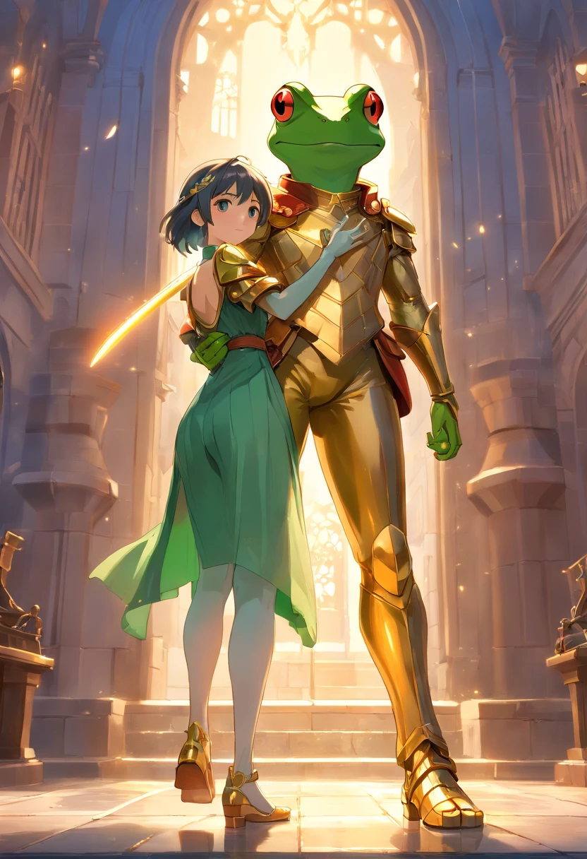 Frog Wearing gold armor and carrying greatsword Anthropomorphic anthropomorphic frog in medieval European aristocratic clothes, intrincado trabalho de Griebles, European Castle Behind, corpo muscular, Muscular arms holding a popsicle, small head,boca com a lingua no picole, Ogro Monstruso, Titan, sapatos de couro, soft lighting, 32k ,hyper-realistic ,The background details are exquisite,The scene is surreal,Create a charming graphic style