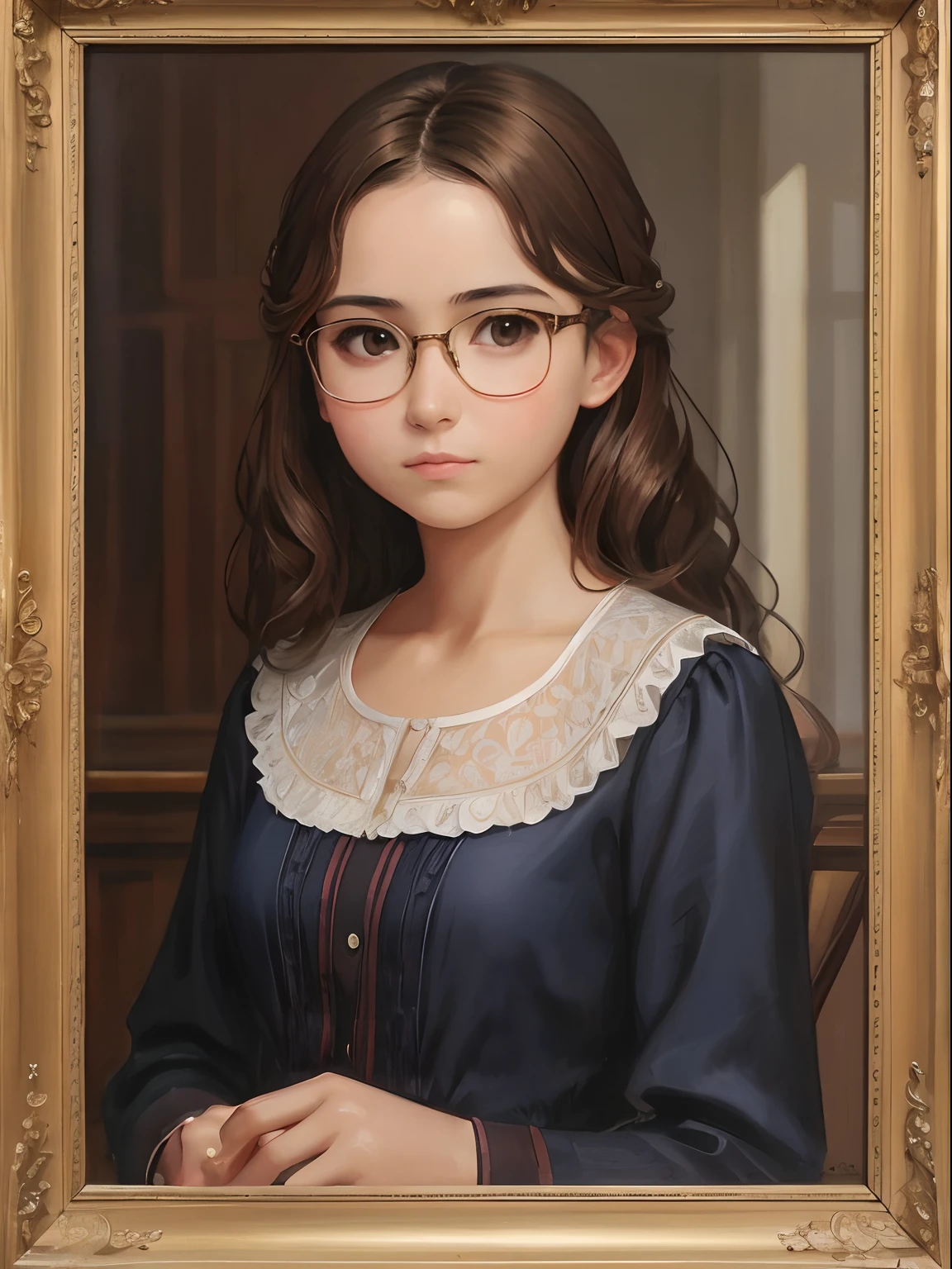 a 1girl, a beautiful -agedl, extremely small breasts, short wavy brown hair, brown eye, eyeglasses, portraite, oil painted, contemporary, extra transparent silk blouse, Realistic Proportion, Intricate, intricate detials, Sharp focus