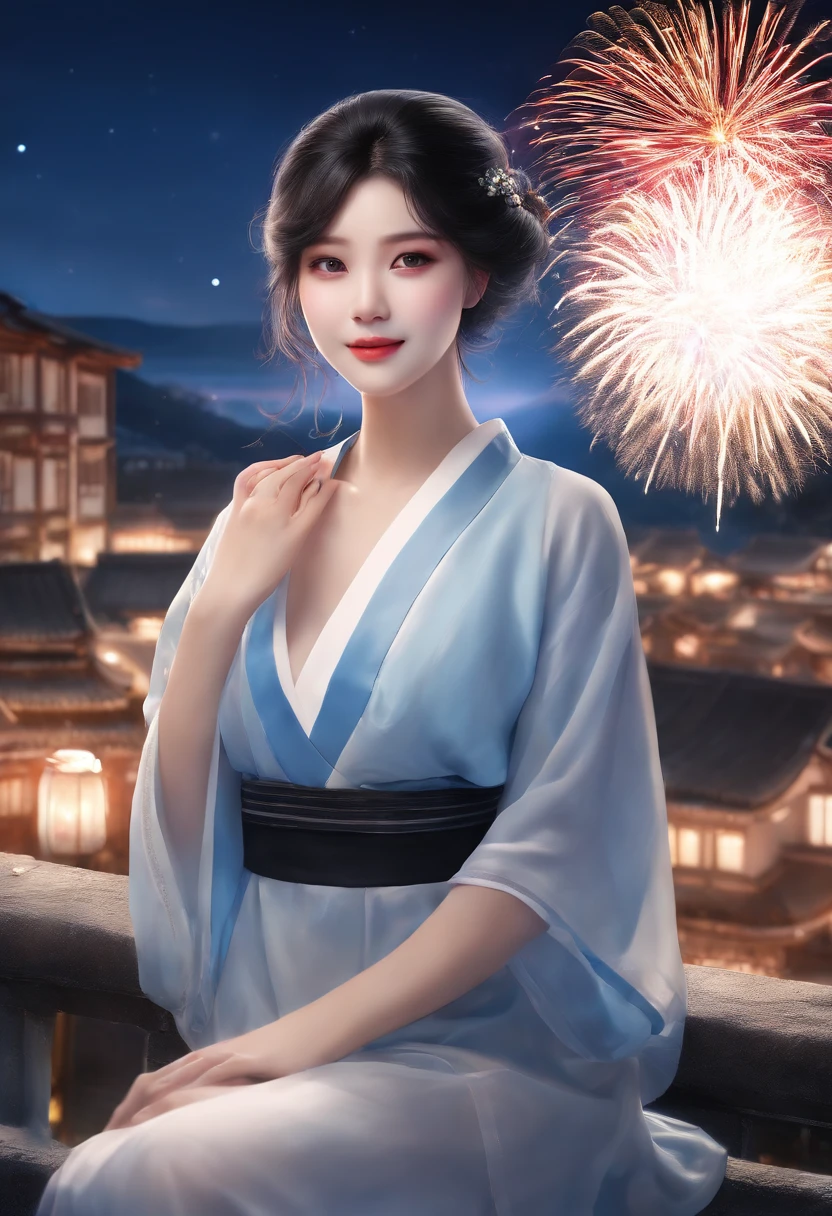 ((top-quality)), ((​masterpiece)), ((ultra-detailliert)), (extremely delicate and beautiful), girl with, 独奏,She is very(relax)with  the(Settled down)Looks,A dark-haired, depth of fields,A big smile,Summer Festivals, Fireworks play,full body Esbian,portlate,Air bubble,bright light blue eyes,Inner color with black hair and light blue tips,Bob Hair - Linear Art, light blue yukata、Light blue scrunchie、Clothes are sheer、Ponytail hair,The background is a magnificent night view of fireworks,Overall、Sexy look、Apple candy in one hand、Boyfriend's perspective、