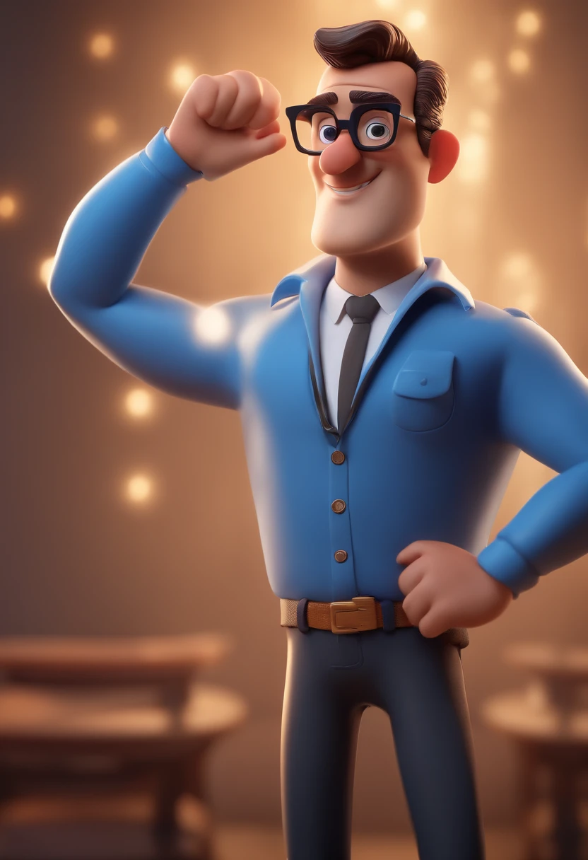 Cartoon character of a man with black glasses and a blue shirt, animation character, Caractere estilizado, animation style rendering, 3D estilizado, Arnold Maya render, 3 d render stylized, toon render keyshot, Personagem 3D, Personagem 3D, 3d rendering stylized, 3 d character render, personagem de desenho animado, Personagem de close up, Pose de personagem,  (Estilo Pixar) (master part:1.2) (Bokeh) (best quality) (pele detalhada) (textura detalhada) (8k) (argila) (Cinematic lighting) (foco nítido
