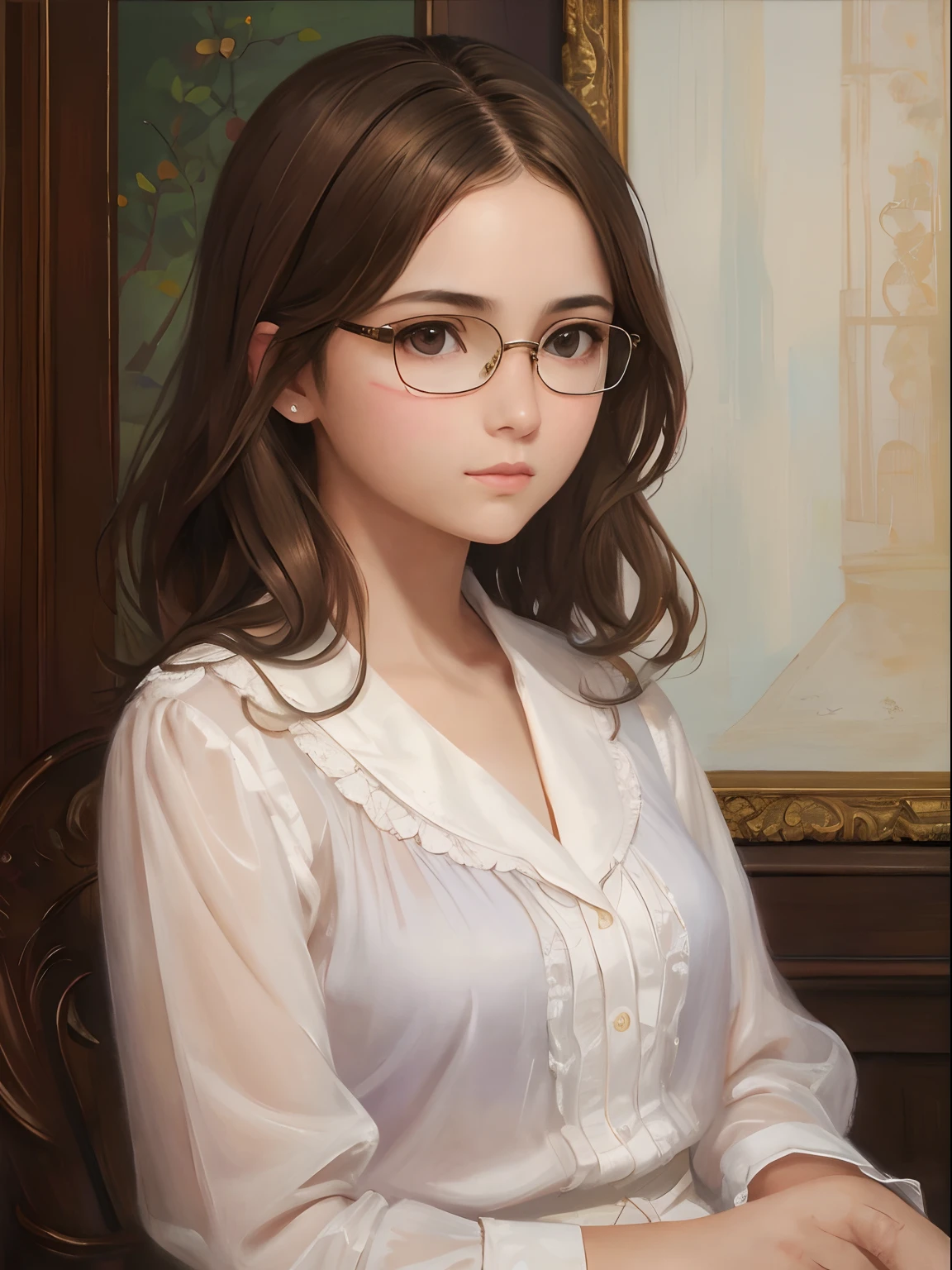 a 1girl, a beautiful teen-aged girl, extremely small breasts, short wavy brown hair, brown eye, eyeglasses, portraite, oil painted, contemporary, extra transparent silk blouse, Realistic Proportion, Intricate, intricate detials, Sharp focus