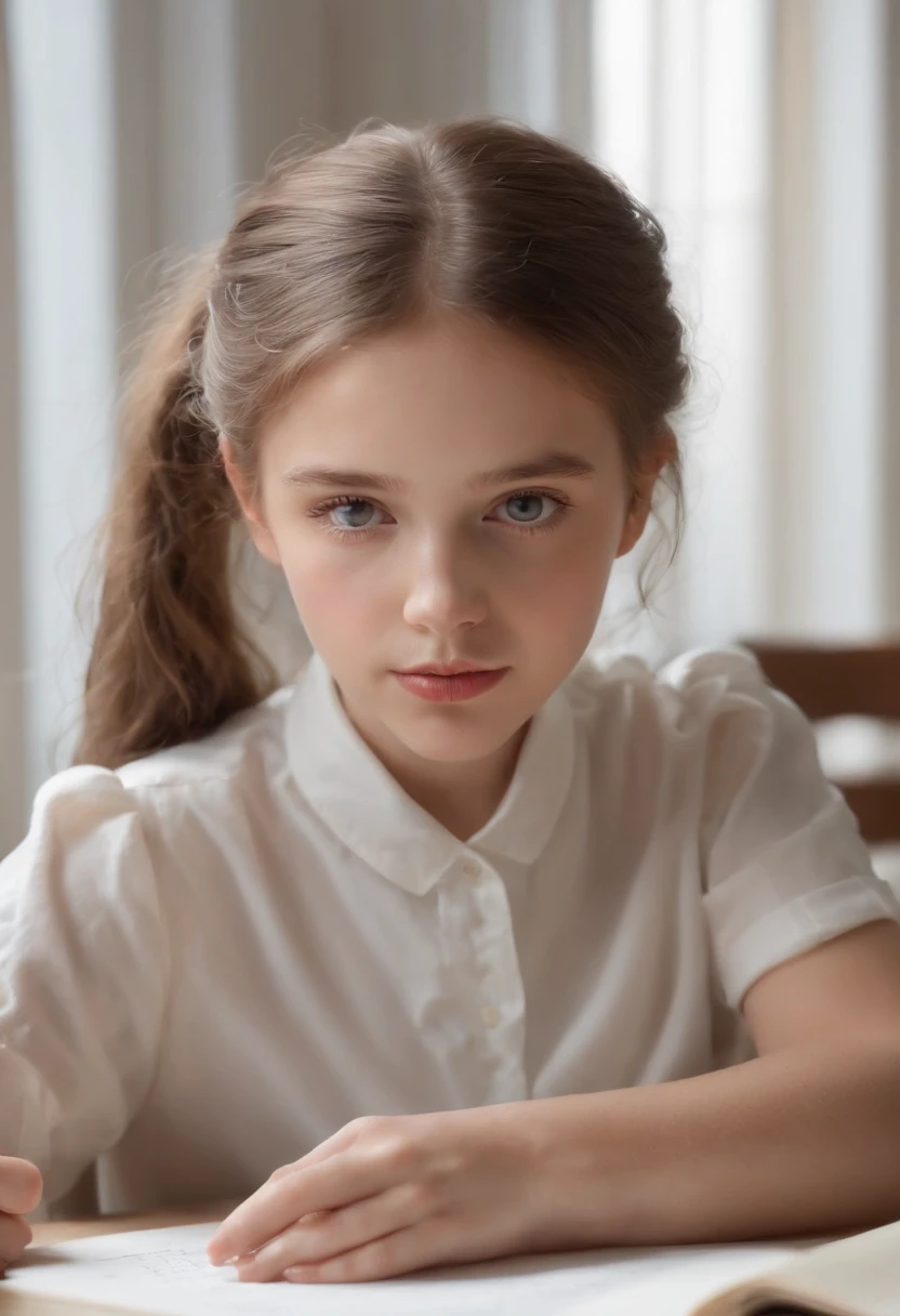 (best quality,4k,8k,Altas,master part:1.2),ultra-detalhado,(Realistic,fotorrealista,photo-realistic:1.37),uma menina jovem, cerca de 10 anos, senta-se em sua mesa em seu quarto. She's wearing a school uniform and has her hair tied up in a ponytail. She's focused on her homework, that's spread out in front of her. There's a poster of her favorite bea on the wall behind her, A few books and a lamp are on the table in front of you, Lamp is shining softly, She's using a pencil to write in a notebook. The room is well lit by a desk wax. there is ,belos olhos detalhados,beautiful detailed lips, olhos e rosto extremamente detalhados,,curly hair,focused expression,concentrating,intense concentration, magic pencil,shiny magic pencil,vivid colors,colored pencil,e,mesa,sketching,nova escola,childrens,