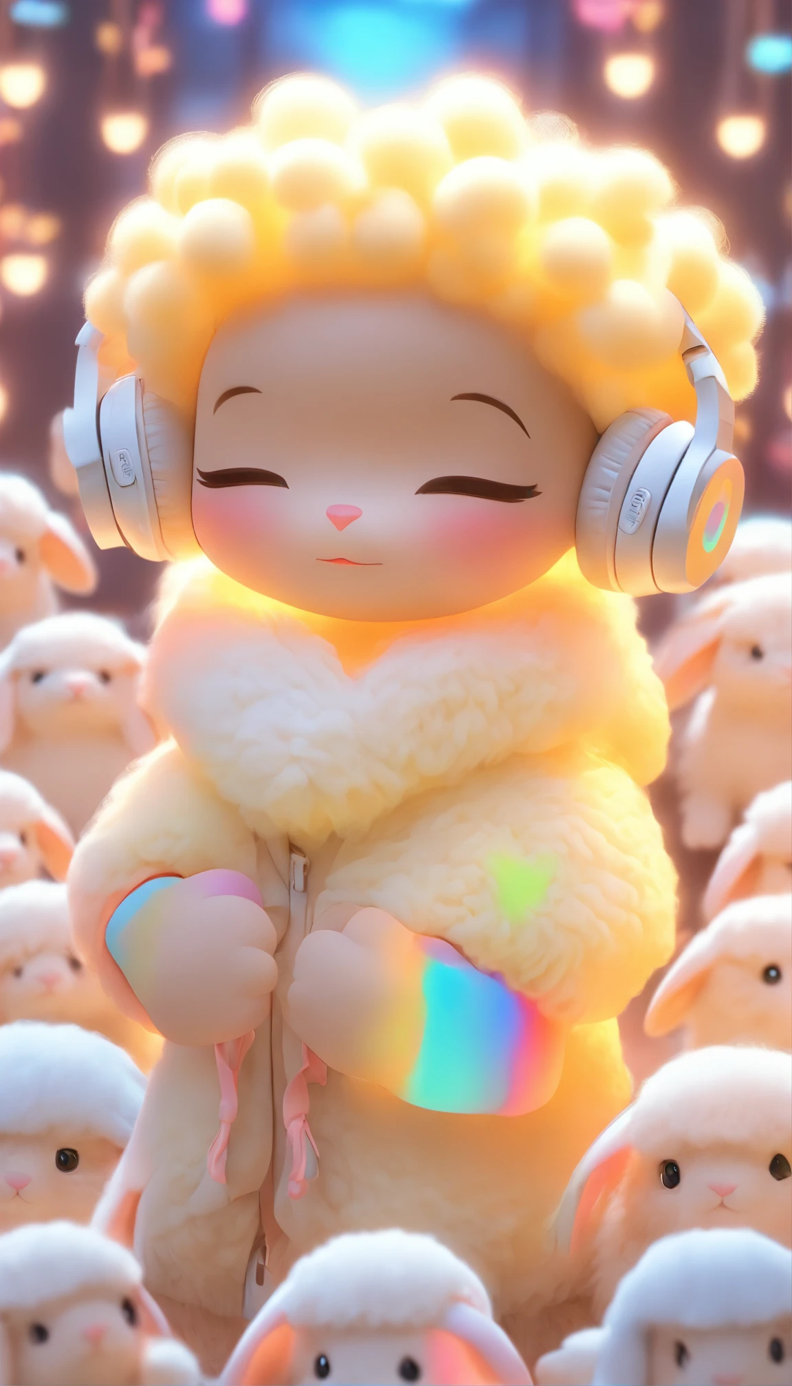 Super COZY cute IP image of Chinese sheep, Wearing headphones,Wearing cozy light yellow transparent silicone clothes, with a fluffy bunny Stylish and stylish,Q version,Disney style,IP by pop mart, a blind box toy, Smooth and delicate, 3D rendering of, oc rendered, glowing body, Soft light, Clean background, NO borders, 8K, k hd, ultra-noise-cancelling, Highest quality, Ultra high quality - AR 9:16 50 --niji 5 --s 2