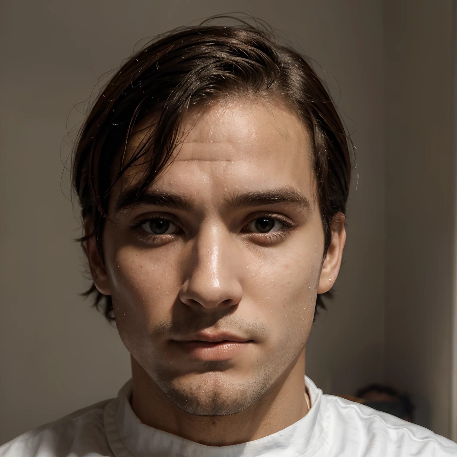 Homem branco, rosto liso, cabelo 1 cm pra cima e navalhado dos lados, rosto fino, nariz grande, jovem, 20 anos, rosto liso