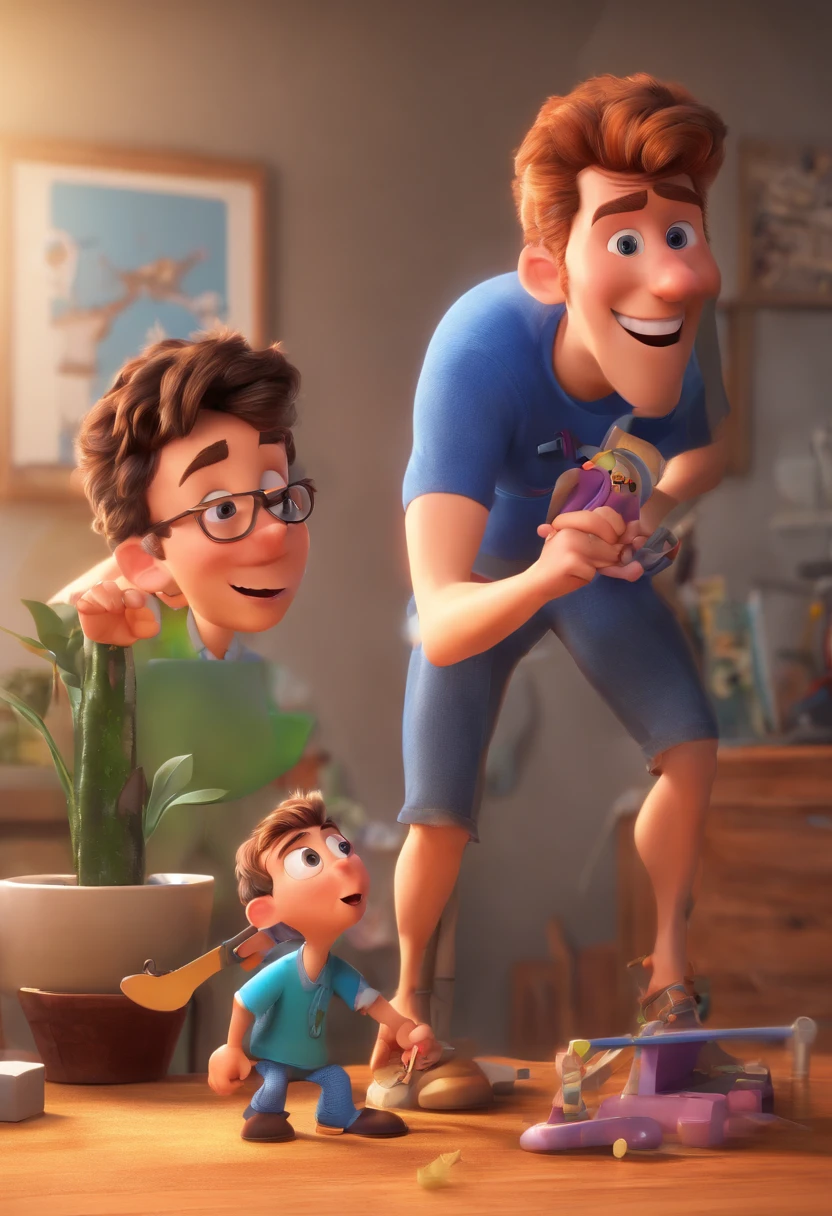 Estilo Pixar: The grown man is holding a naked blue-eyed boy and in his other hand he is holding a pair of scissors and is trying to cut off the boy's testicles,3D Poster,Disney