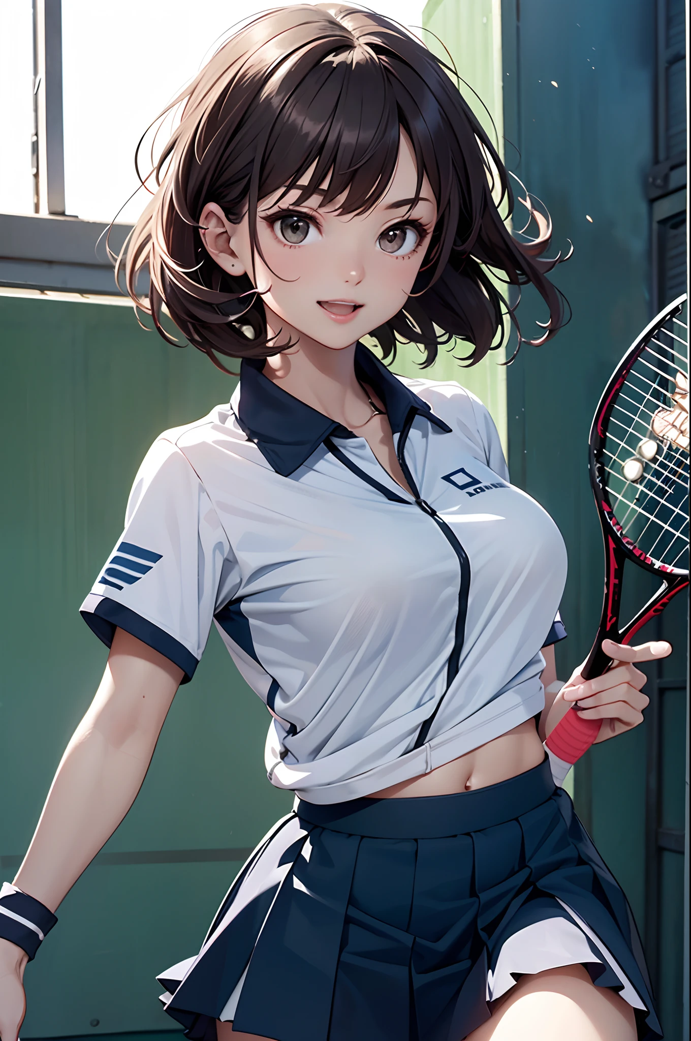 Official art, Unity 8k Wallpapers, ultra-detailliert, ​masterpiece, top-quality, 1人の女性, (ighly detailed),(Raw photography、top-quality)、(realisitic、Photorealsitic:1.3)、high-detail、Ultra-detailed complex 3D rendering of faces、(highlydetailed skin:1.2)、dynamic ungle, Fireglow effect,  profetional lighting, side lights, ciinematic light, 超A high resolution, 8K , film grains,Best Shadows, Particles of light, detailed skin textures, A detailed face, intricate-detail, ultra-detailliert, with light glowing, （dynamicposes、jumpping:1.4)、Full body, tennis coat、beauitful face、blurry backround、18 year old beautiful girl、shinny skin、Twin-tailed、beautiful brown hair、Gray eyes、Tie your hair with a big red ribbon、(Tennis Uniforms、Holding a racket in your right hand:1.3)、raise arms、White panties are visible、Smile with open mouth、(Beautiful belly button、Skirt Roll Up)