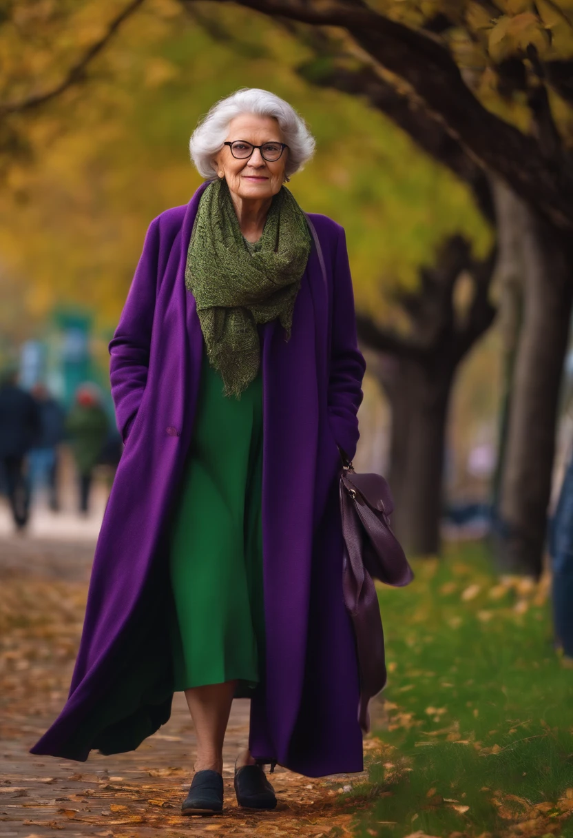 masterpiece, best quality, an old woman with glasses and a scarf on, wearing a purple coat and green scarf, standing at the park