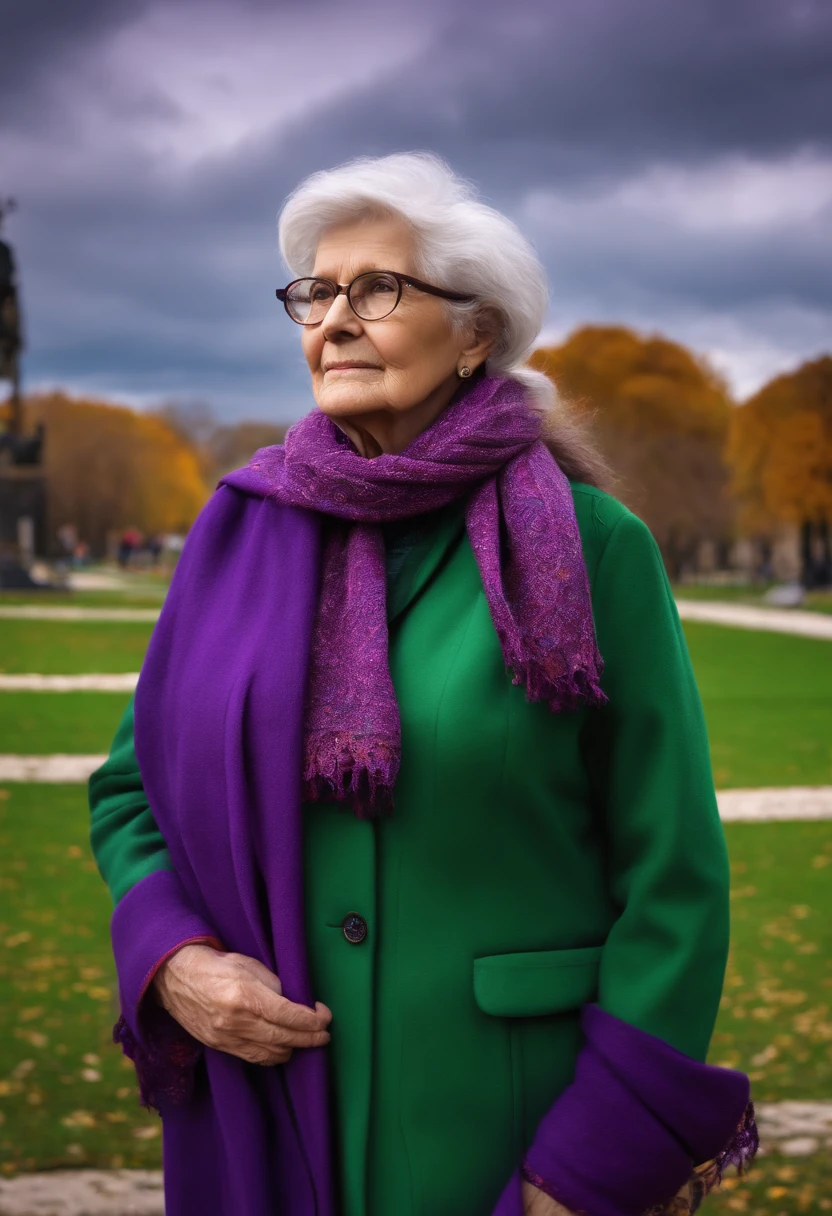 masterpiece, best quality, an old woman with glasses and a scarf on, wearing a purple coat and green scarf, standing at the park