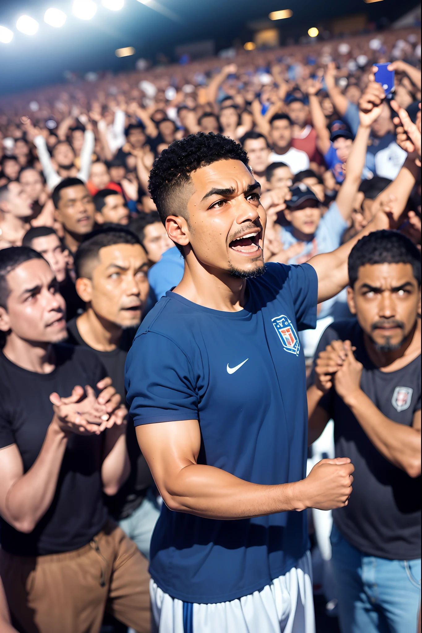 um torcedor apaixonado do clube do Remo,camiseta azul escura com bordas brancas, uniforme aul escuro, pequenos detahes em branco. Stadium with sea view,Jogo de futebol em andamento,Torcida,Agitando bandeiras,Jogadores com camisas azuis,suando jogadores em campo,Players showing determination,Emotion in the air,Victory celebration,Campo de grama verde impressionante,arquibancadas lotadas com torcedores apaixonados,energy atmosphere,Sun shining on the stadium,Loud Chants and Chants,logotipo da equipe nas bandeiras,Friends and families enjoying the game,Stadium lights illuminating the field,Dramatic action in football,Emotional reactions from players and spectators,Panoramic view of the stadium in the distance,bandeiras soprando ao vento,Captivating moments captured by photographers, Torcida apaixonada com as cores do time, transbordando alegria e orgulho,Unwavering support for the team,Resists the heartbeat of a community,Tribuna cheia de expectativa,Murais brilhantemente pintados de lendas da equipe,Rivalidades emocionantes,Echoes of victory reverberating throughout the city,Electric atmosphere during matches,Unbreakable bond between the club and its fans, O belo jogo unificando as pessoas, Unforgettable memories etched in the club's history. (best quality, ultra-detalhado, Realistic, cores vibrantes, HDR, alta resolução)